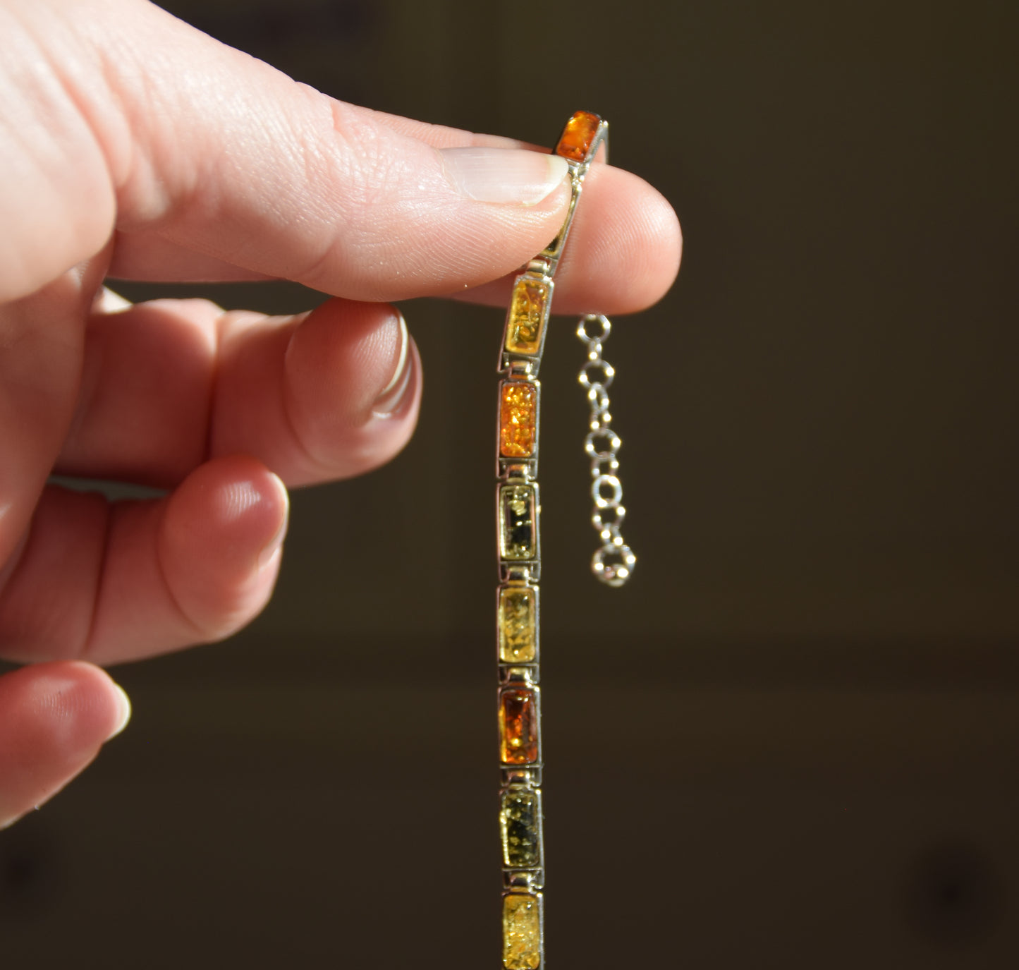 Elegant linear bracelet in natural Amber of various shades and 925 Silver, MJ Baltica, BB011
