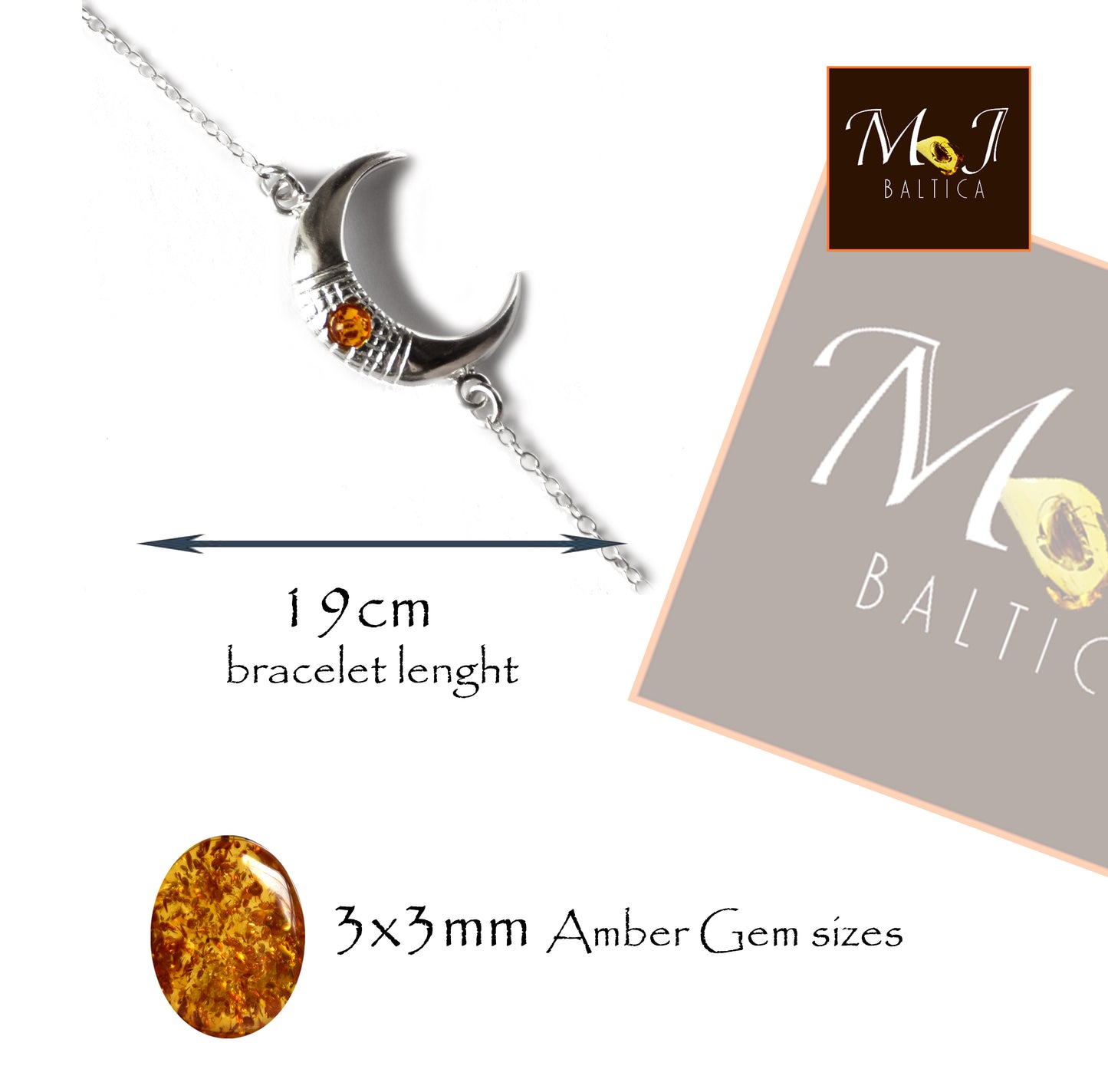 MJ Baltica, bracciale, Ambra naturale Baltica, Argento 925, luminoso, luna, cognac, BB068
