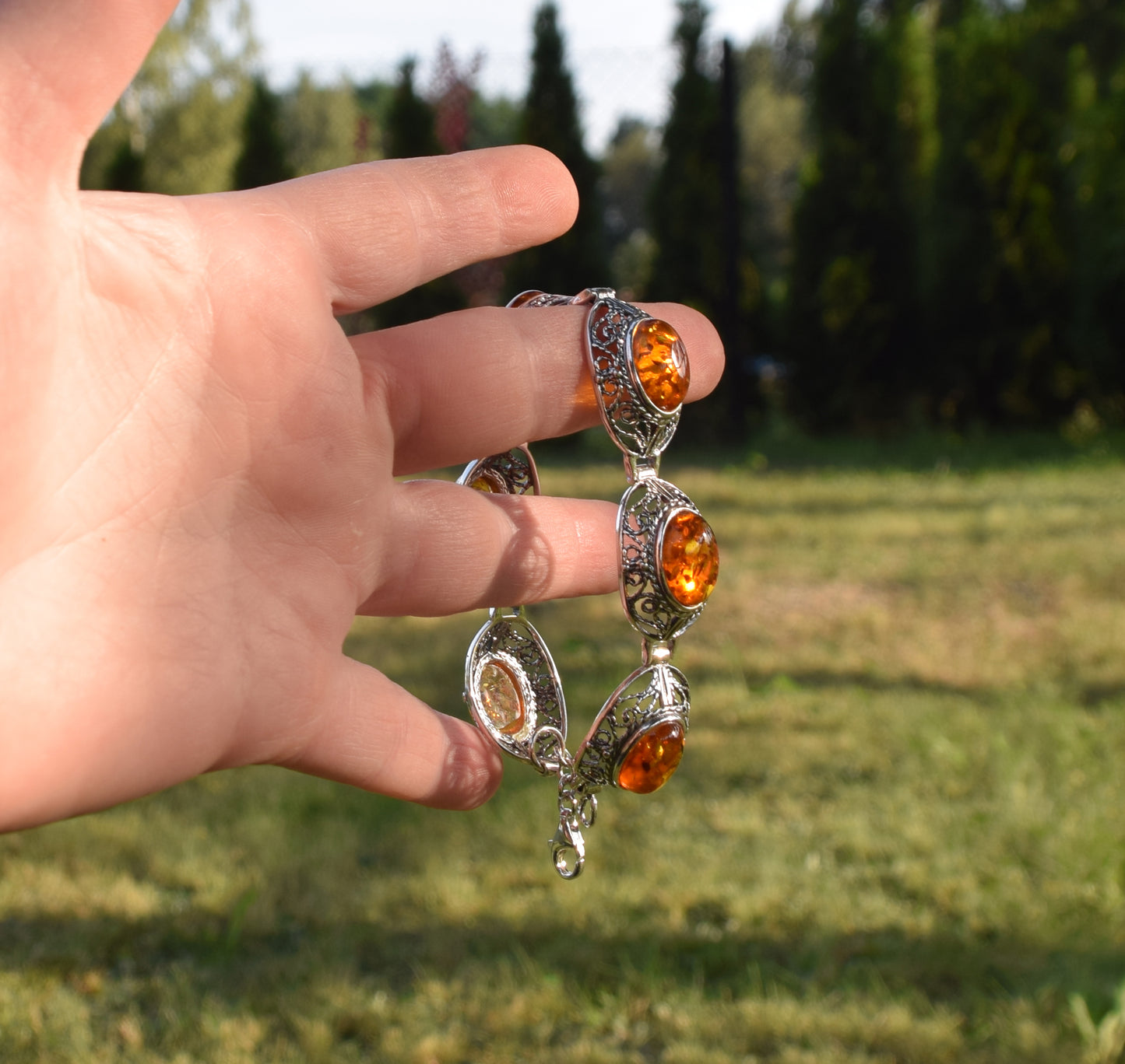 MJ Baltica, bracelet, Natural Baltic Amber, 925 Silver, bright, filigree, handmade, cognac, vintage, BB086