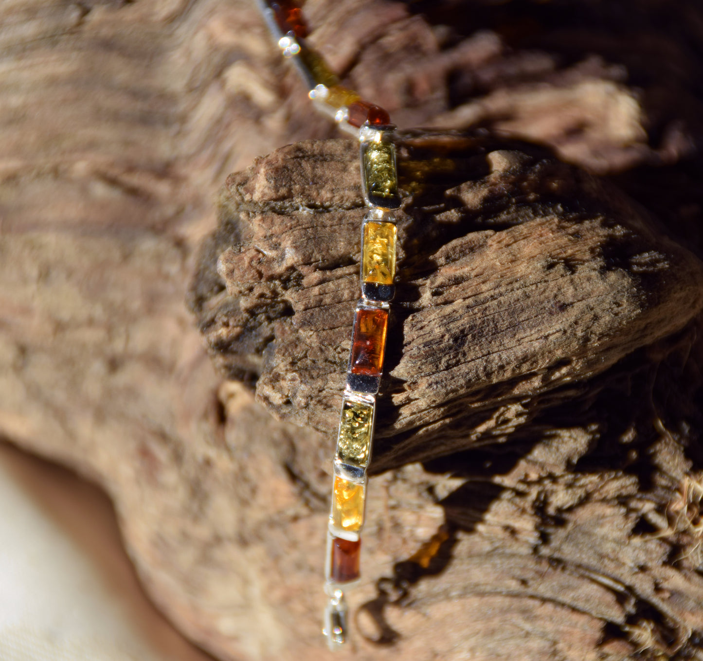 Elegant linear bracelet in natural Amber of various shades and 925 Silver, MJ Baltica, BB107