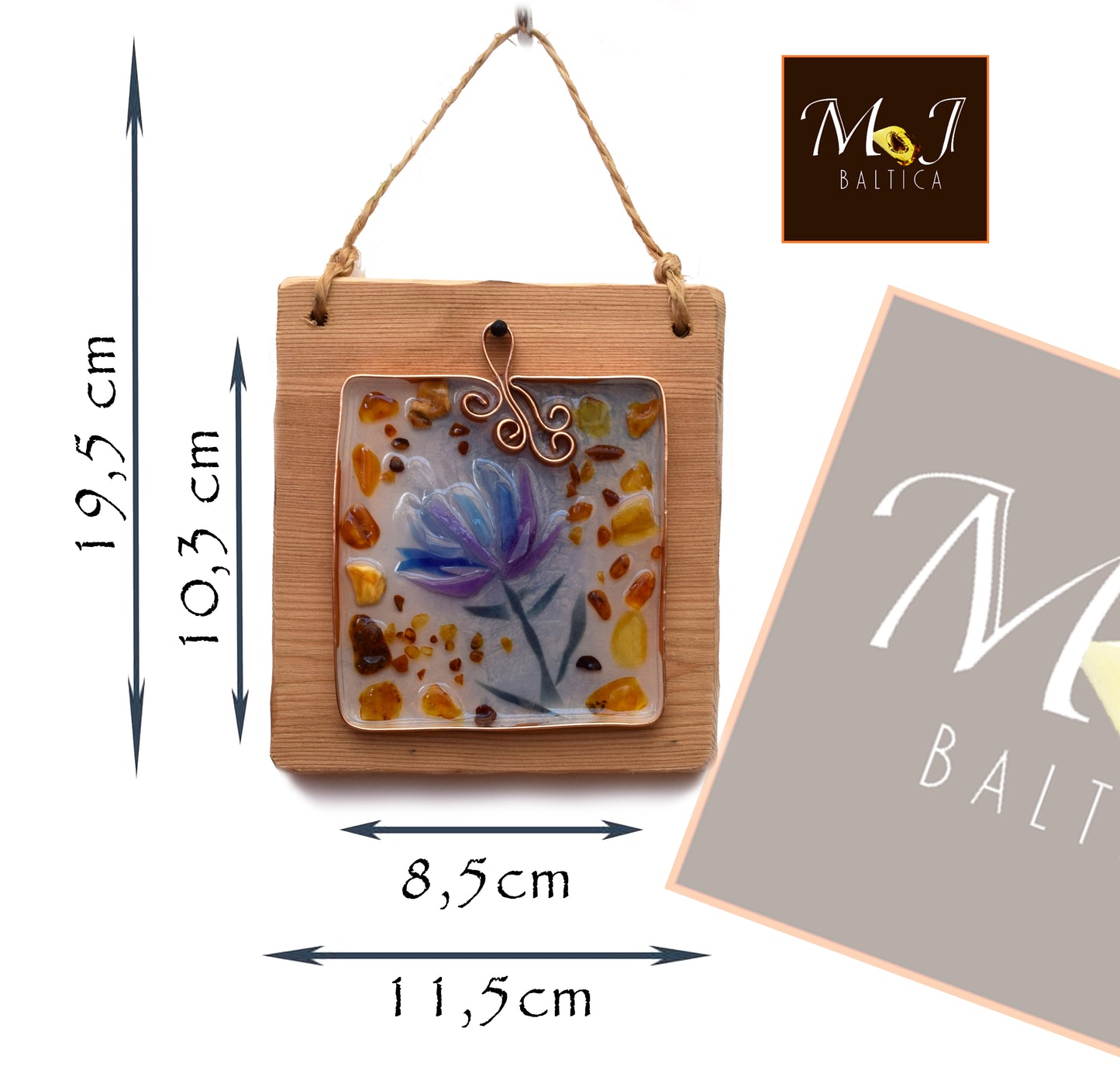 MJ Baltica, mosaico, Ambra naturale Baltica, quadretto, fiore, resina, rame, artigianale, tridimensionale BF048