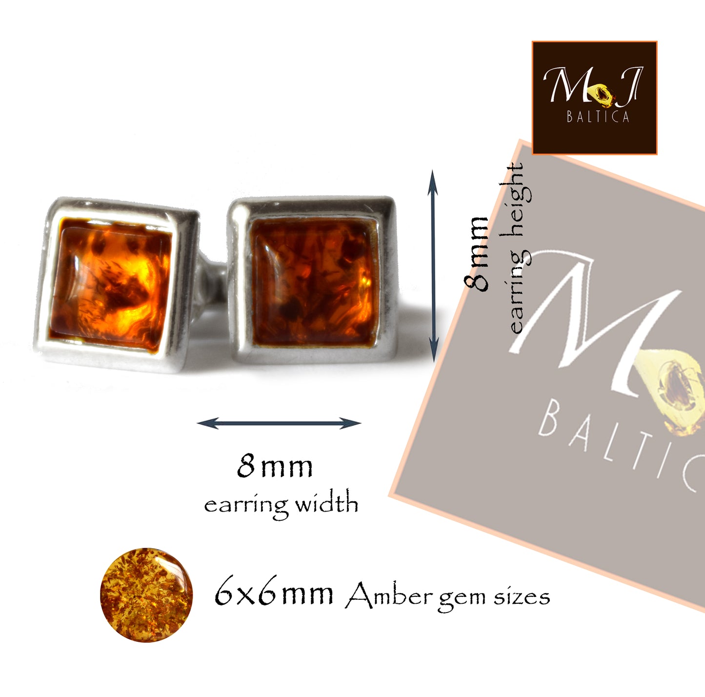 Essenziali orecchini quadrati creati con Ambra naturale di color cognac e Argento 925, MJ Baltica, BK127
