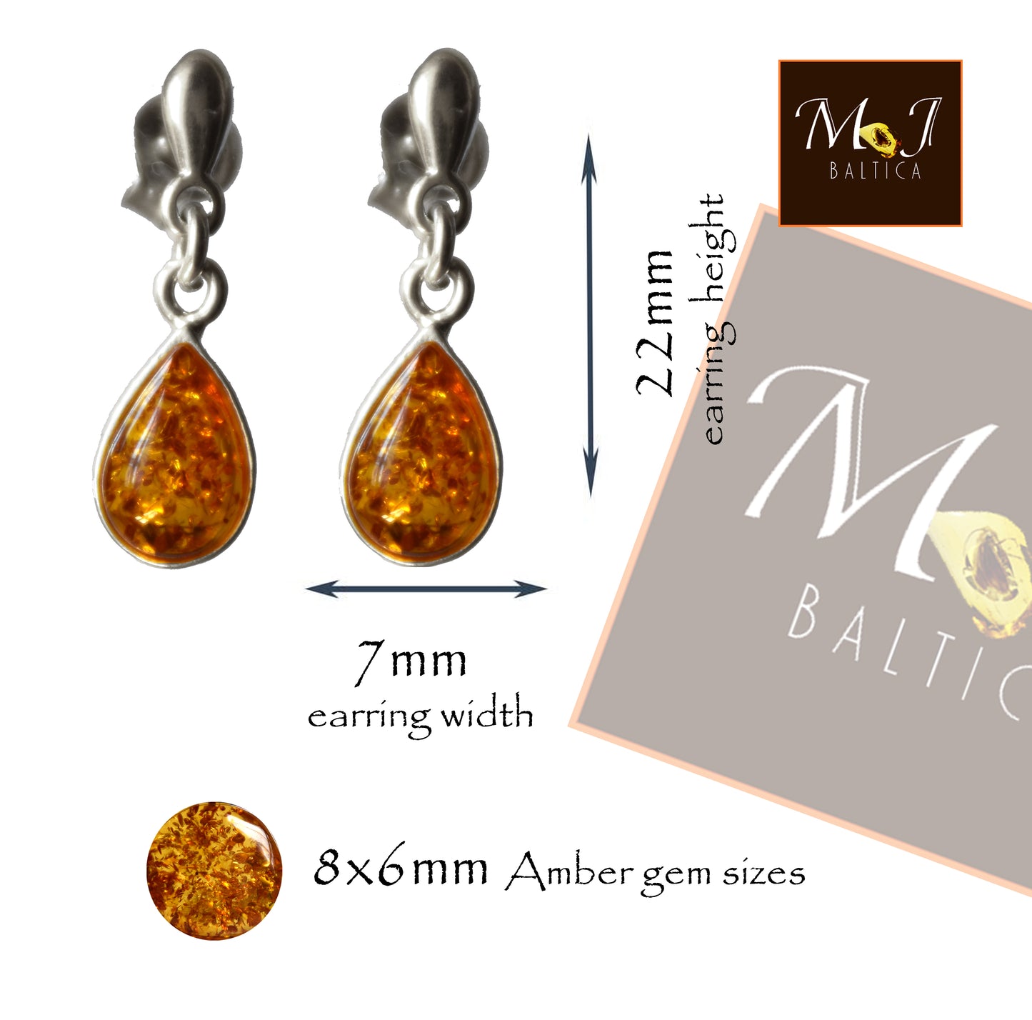 Classic drop earrings with cognac-colored natural Amber and 925 Sterling Silver, MJ Baltica, BK128
