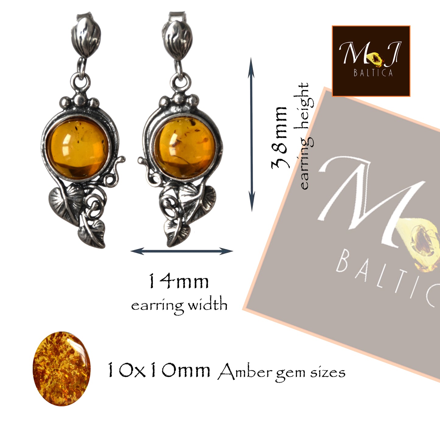 Classici orecchini pendenti in stile vintage con Argento 925 e Ambra cognac naturale, MJ Baltica, BK154