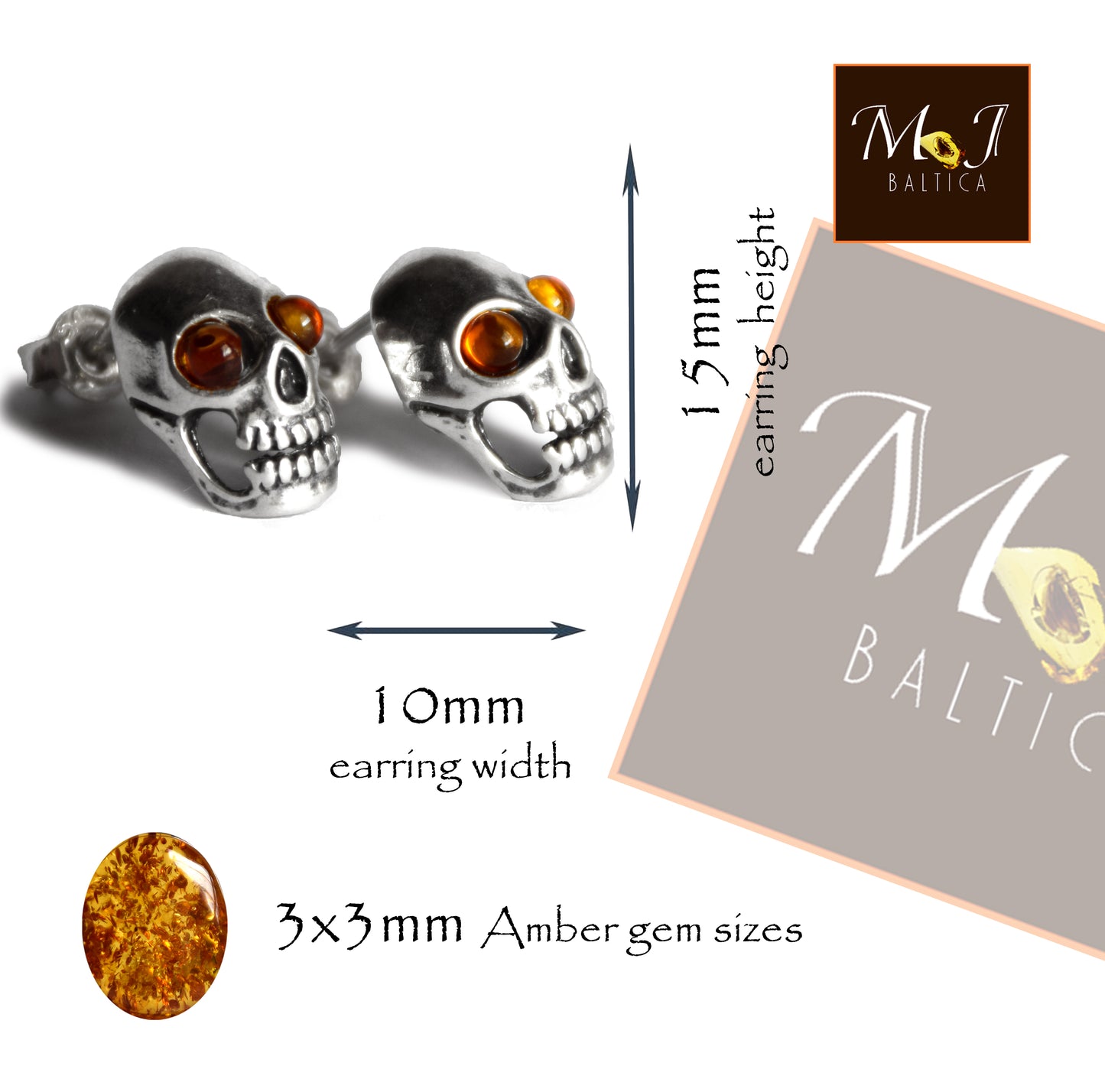 Earrings with a skull with natural cognac-colored Amber eyes and 925 Silver, MJ Baltica, BK183
