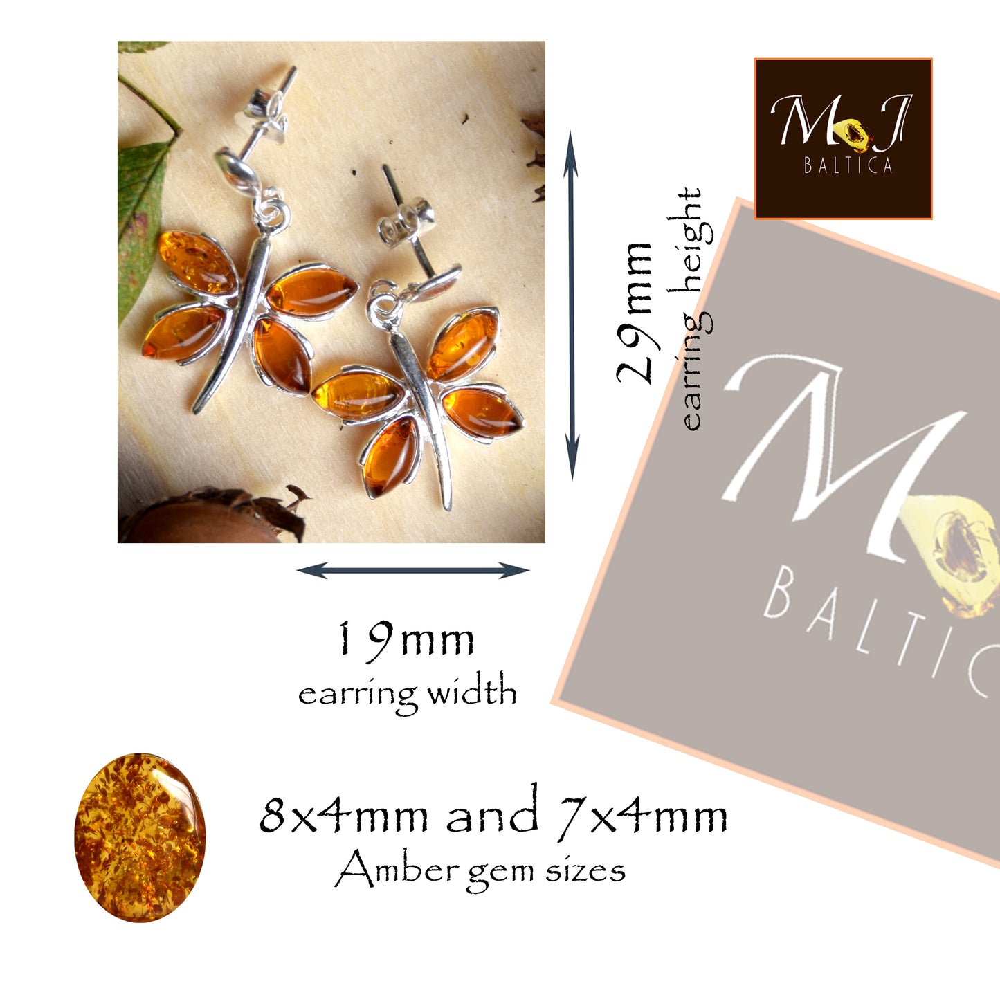 Luminosi orecchini pendenti a forma di farfalla con Ambra naturale color cognac e Argento 925, MJ Baltica, BK203