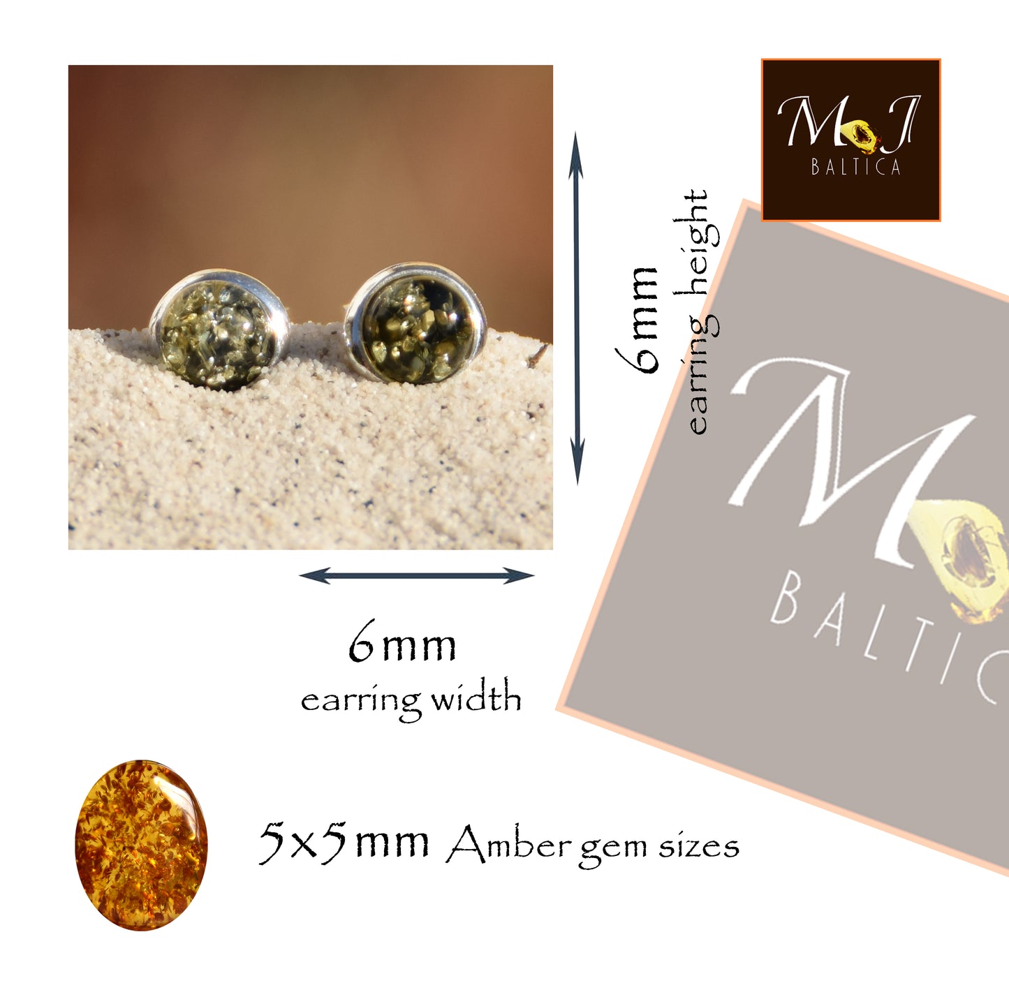 Essenziali orecchini tondi creati con Ambra naturale di color verde e Argento 925, MJ Baltica, BK212