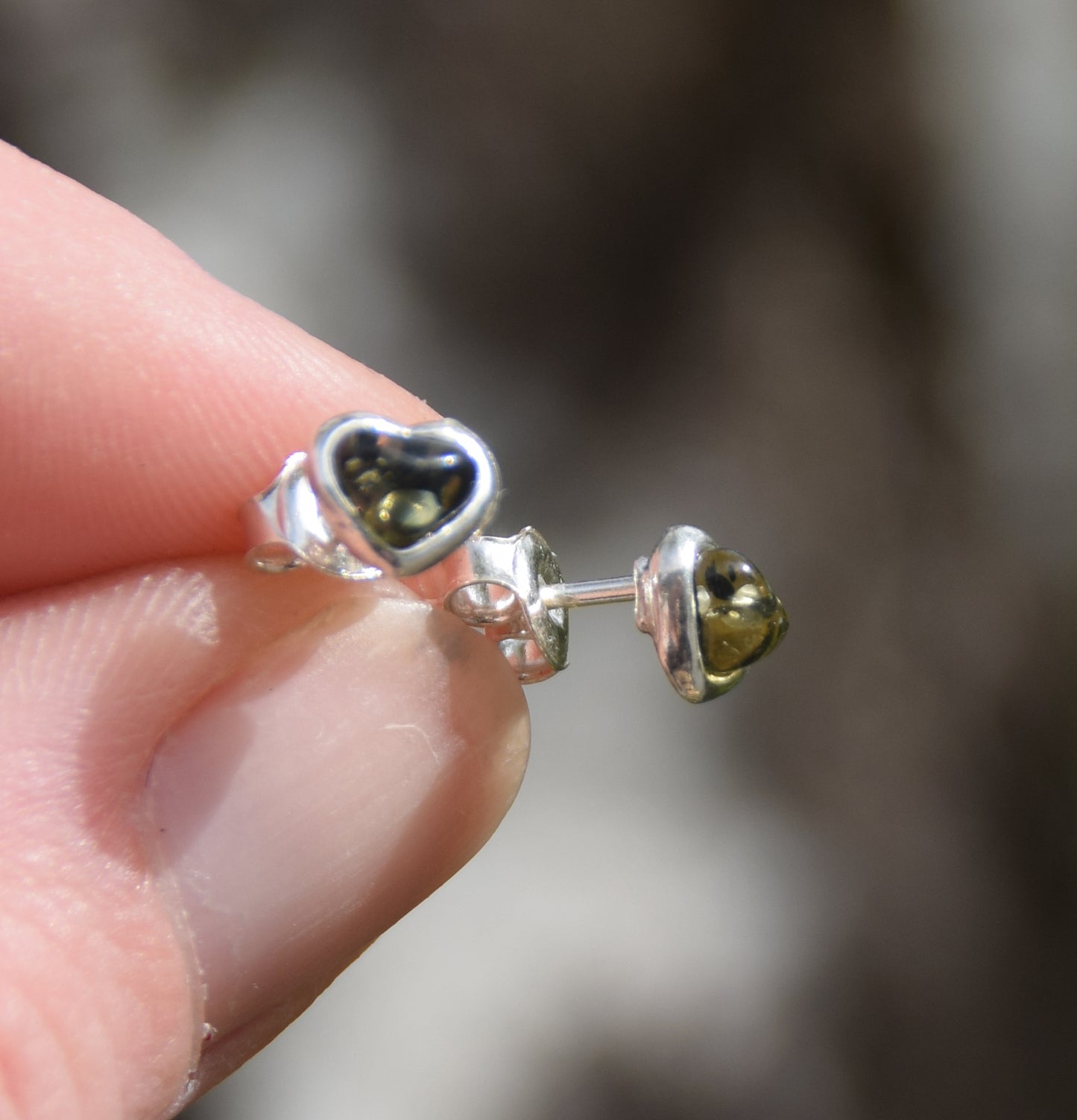 Romantic heart-shaped stud earrings with natural green Amber and Sterling Silver 925, MJ Baltica, BK231