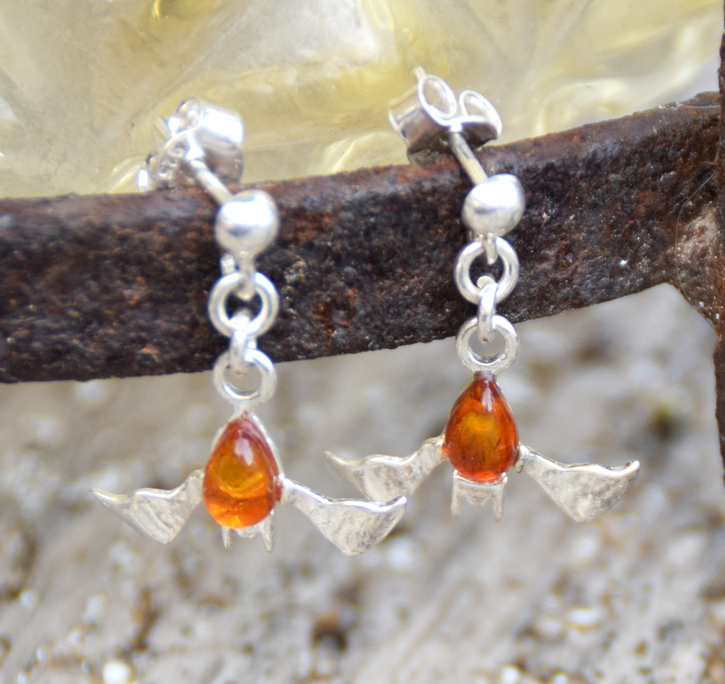 Cognac Amber and Sterling Silver Bat Dangle Earrings, MJ Baltica, BK261