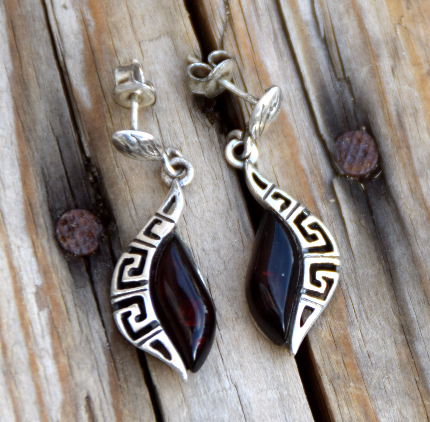 Elegant drop earrings with dark brown natural Amber and 925 Sterling Silver, MJ Baltica, BK263