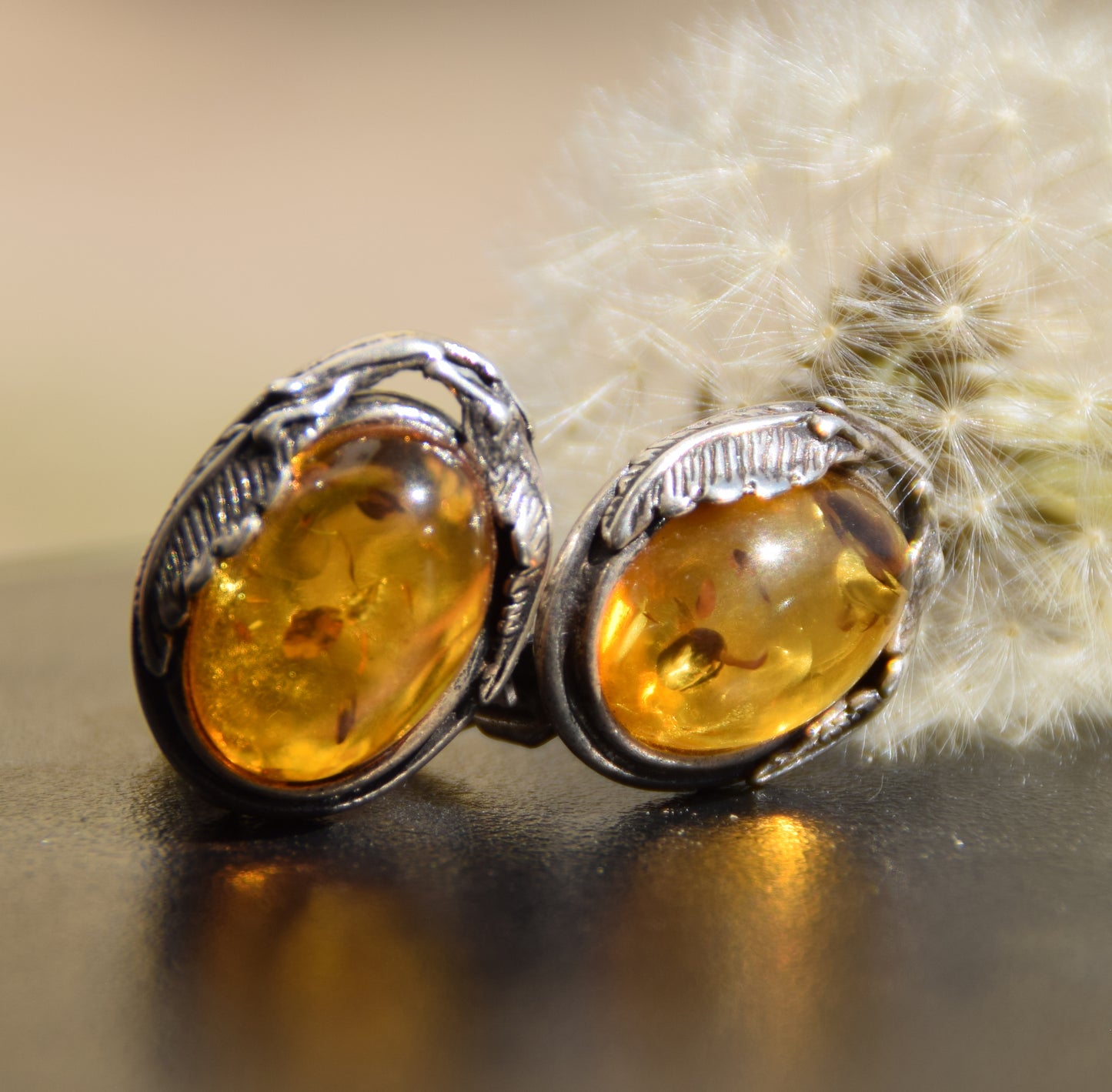 Orecchini a clip in stile vintage con Ambra dorata naturale e Argento 925, MJ Baltica, BKK013