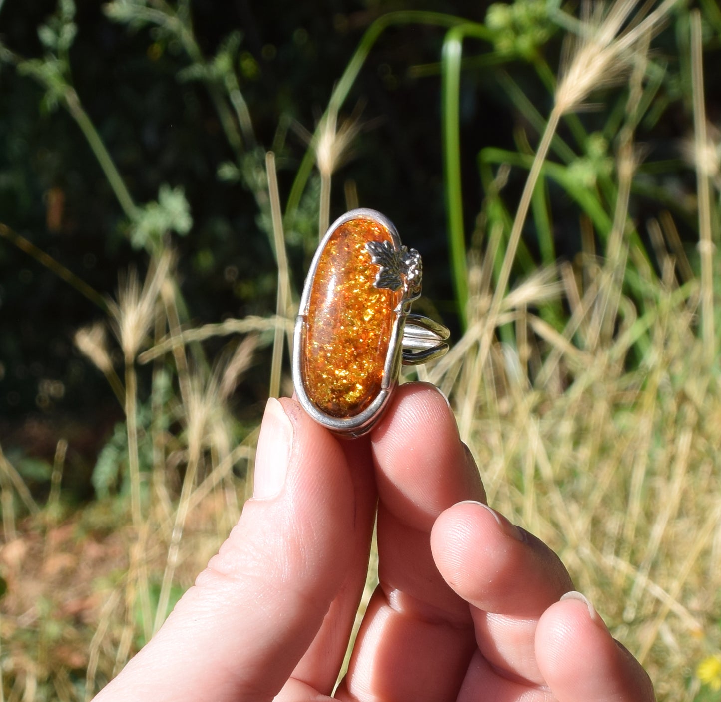 MJ Baltica, anello, Ambra naturale Baltica, Argento 925, regolabile, grande, decoro, foglie, BP020