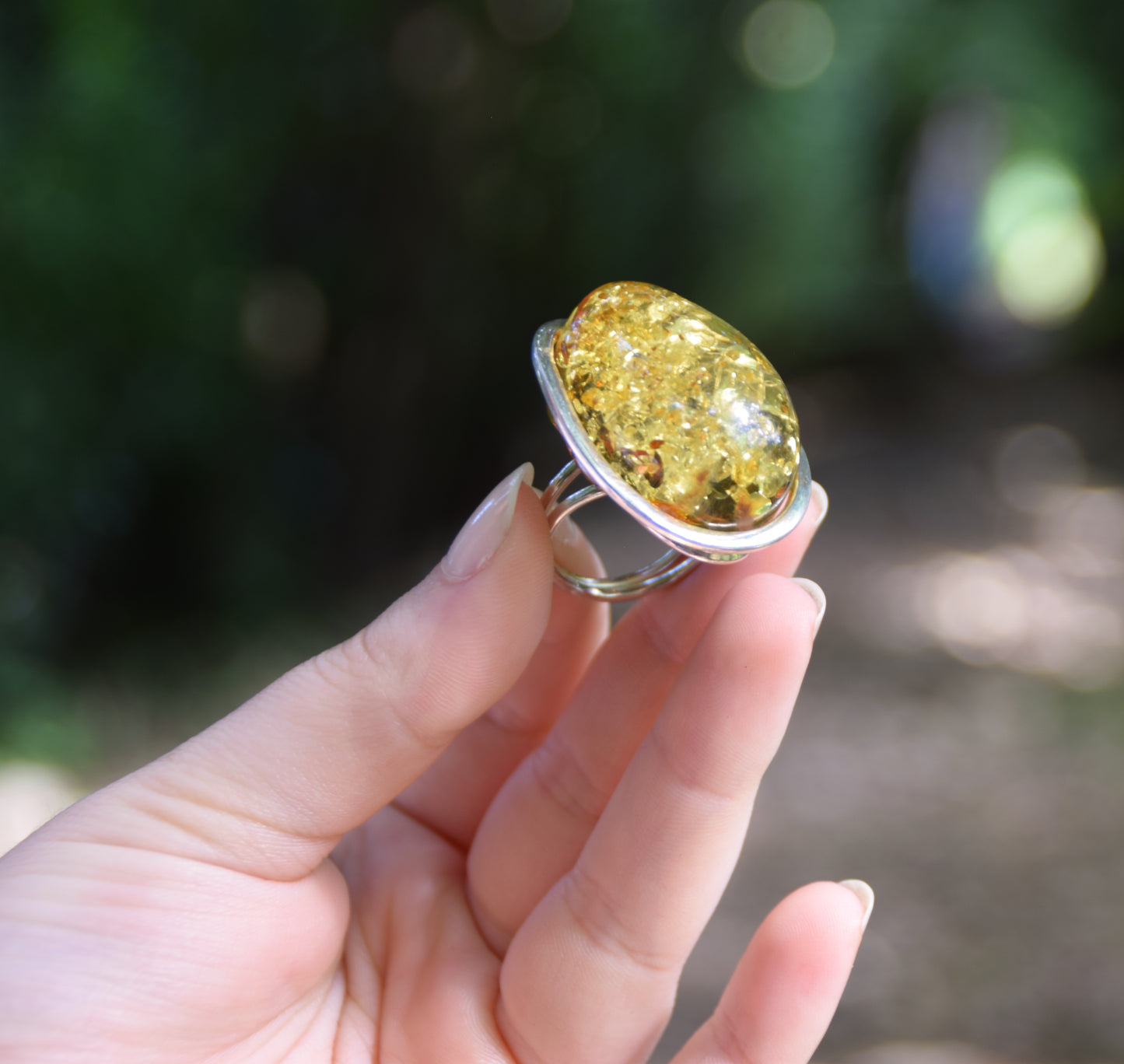 MJ Baltica, ring, natural Baltic Amber, 925 Silver, large, Green Amber, adjustable and unique BP038