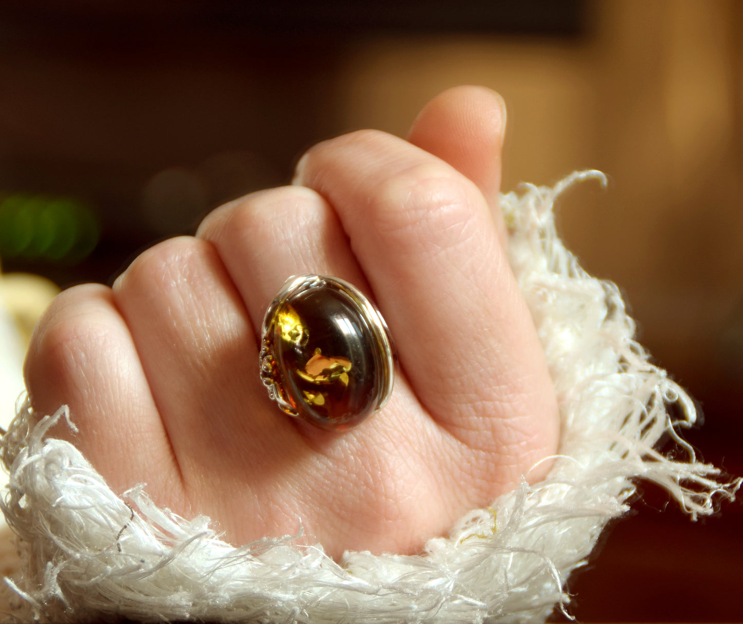 Adjustable ring with a unique natural Amber gemstone in green and brown hues and 925 Silver, MJ Baltica, BP043