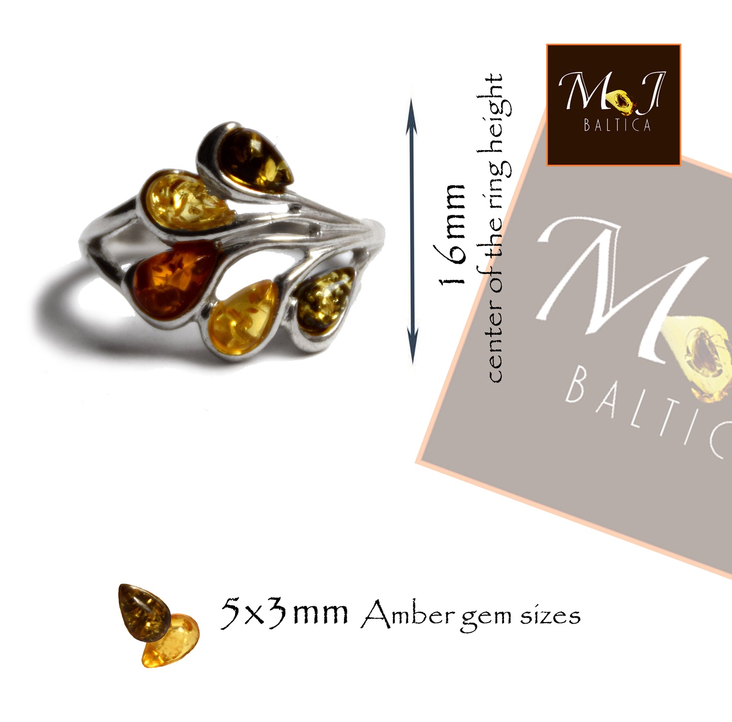 Elegante anello a fascia in Ambra naturale di varie tonalità e Argento 925, MJ Baltica, BP066