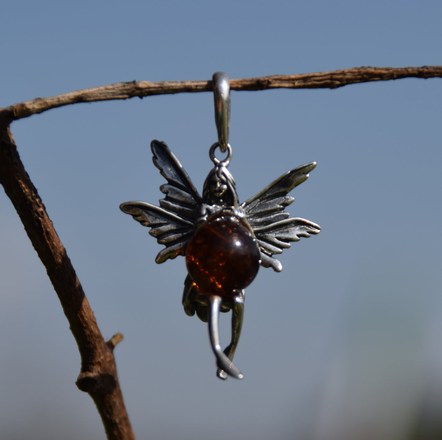 MJ Baltica, ciondolo, Ambra naturale Baltica, Argento 925, fata, fatina, sfera, mondo BW018