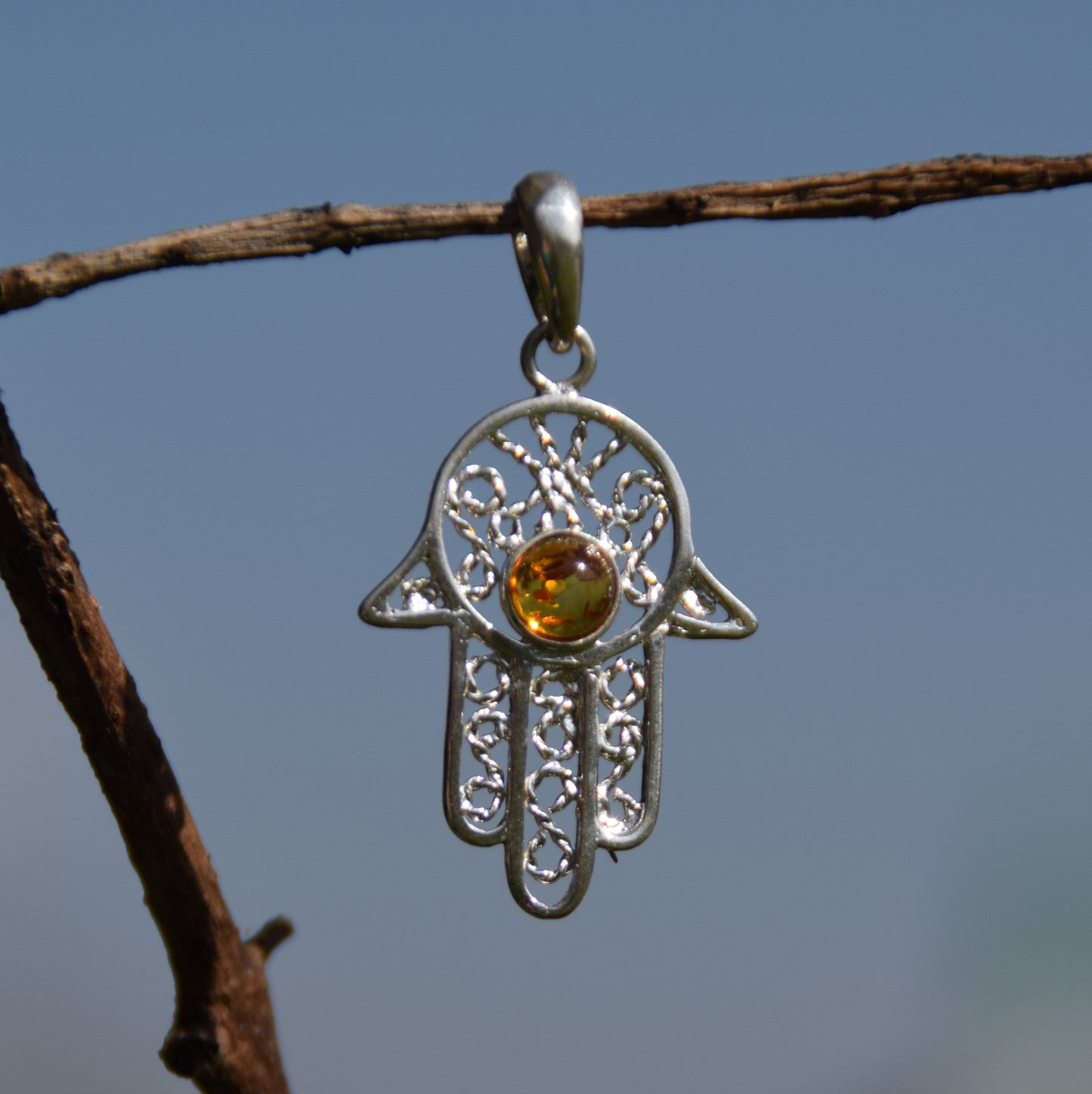 MJ Baltica, ciondolo, Ambra naturale Baltica, Argento 925, mano di Fatima, filigrana, BW020