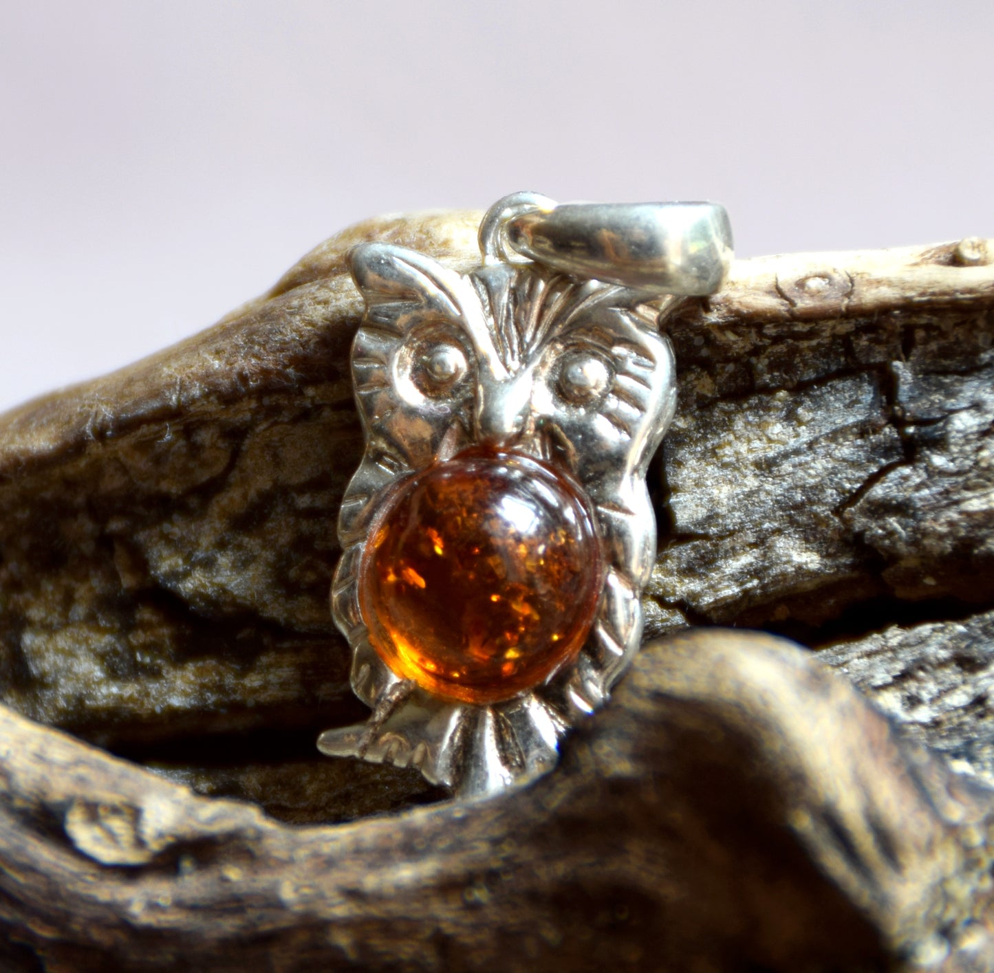 Cognac Natural Amber Owl Pendant and Sterling Silver 925, MJ Baltica, BW035