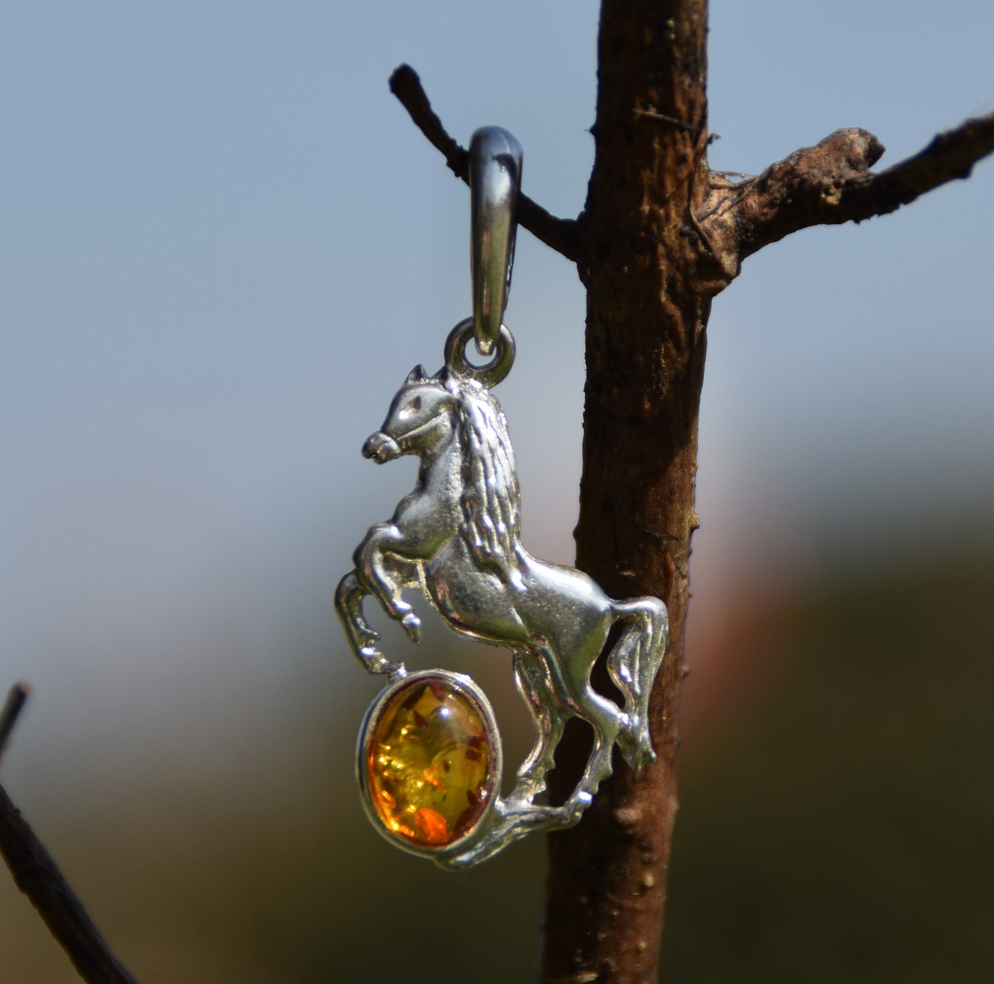 Cognac Amber and Sterling Silver Horse Pendant, MJ Baltica, BW036