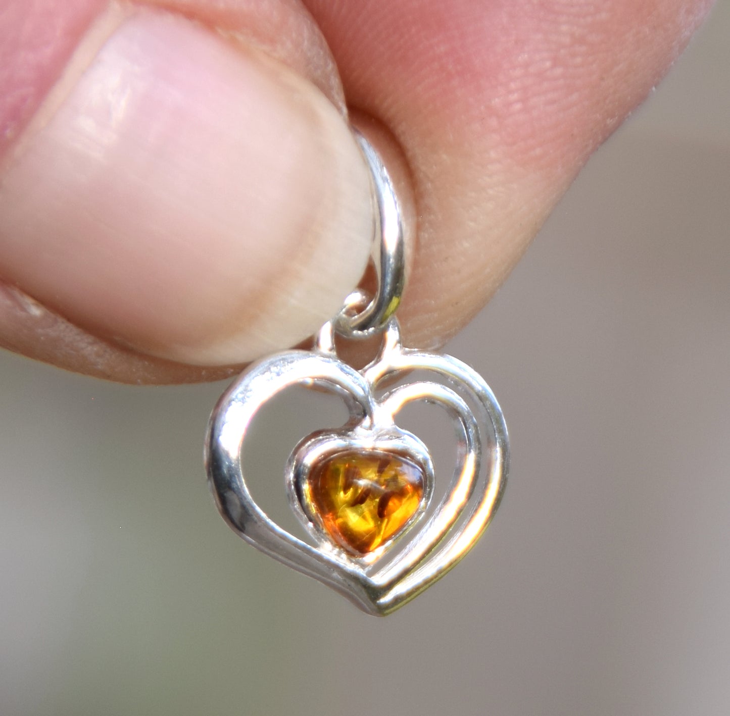 Delicate pendant with cognac-colored natural Amber heart and 925 Silver, MJ Baltica, BW044