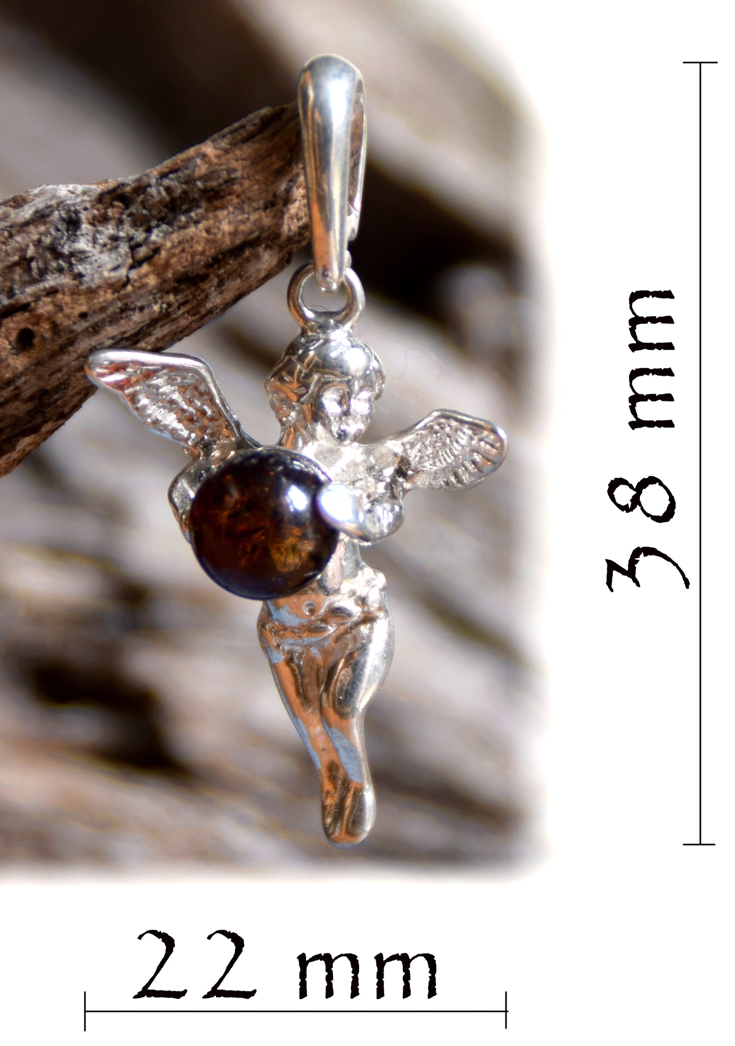 Brown natural Amber and 925 Sterling Silver Angel Protection Pendant, MJ Baltica, BW047