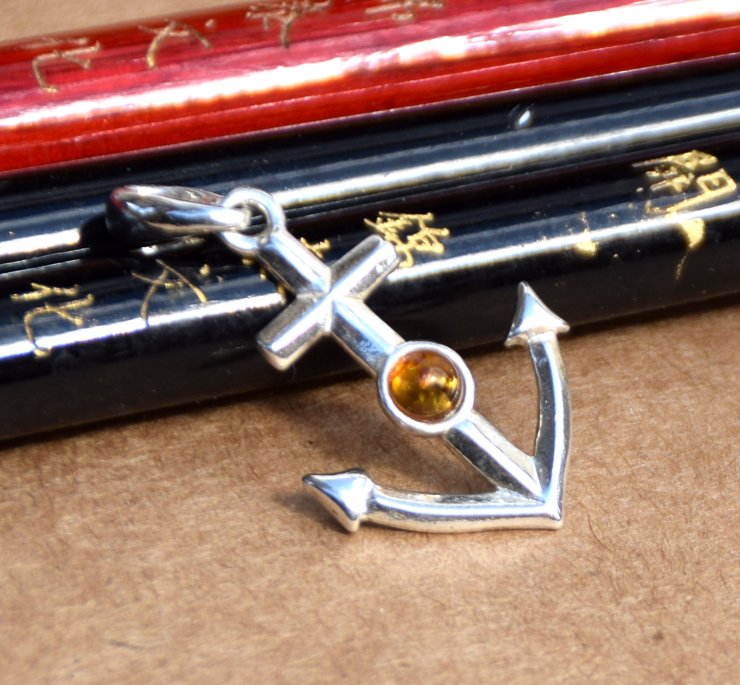 Maritime pendant with cognac-colored natural Amber anchor and 925 Sterling Silver, MJ Baltica, BW163