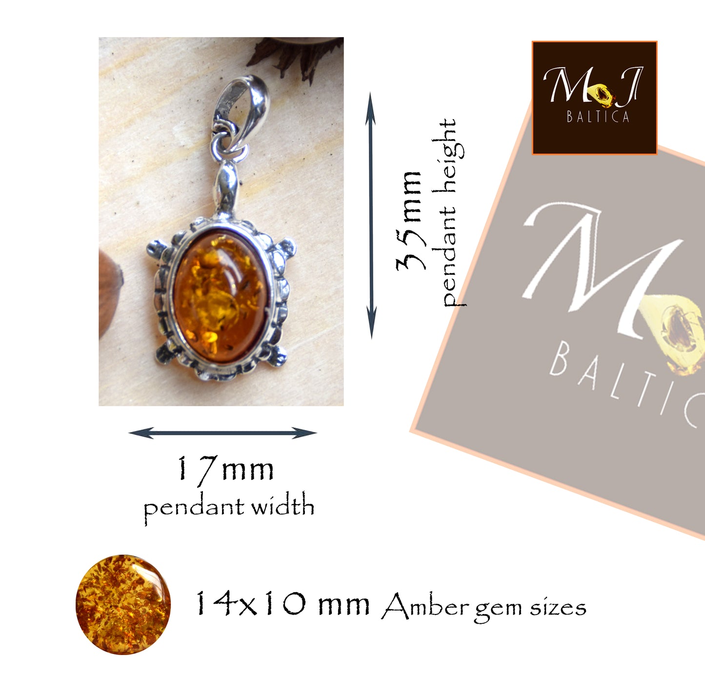 Bright pendant with a turtle in natural cognac brown Amber and 925 Silver, MJ Baltica, BW238