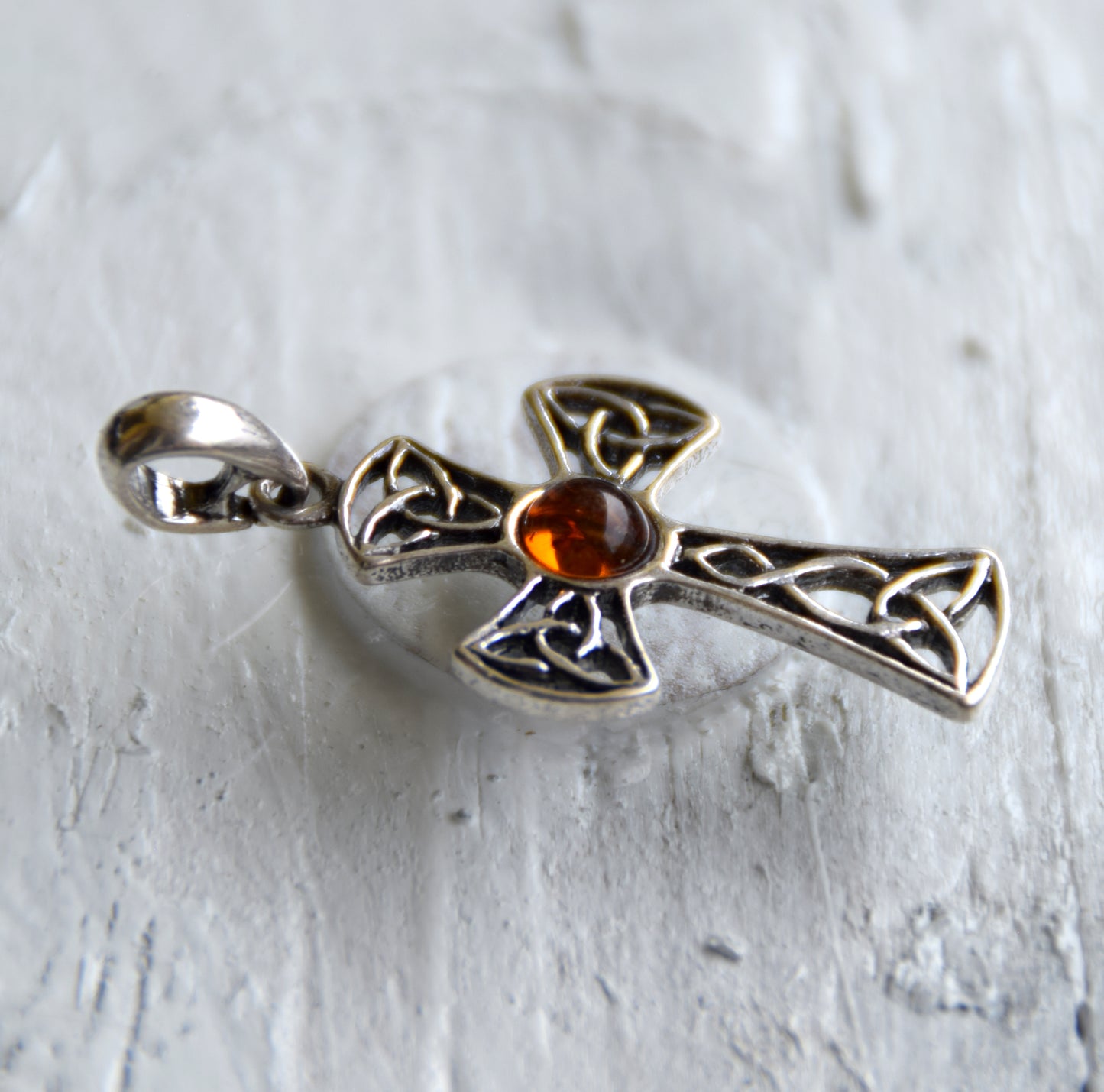 Cognac-colored natural Amber and 925 Sterling Silver Celtic cross pendant, MJ Baltica, BW258