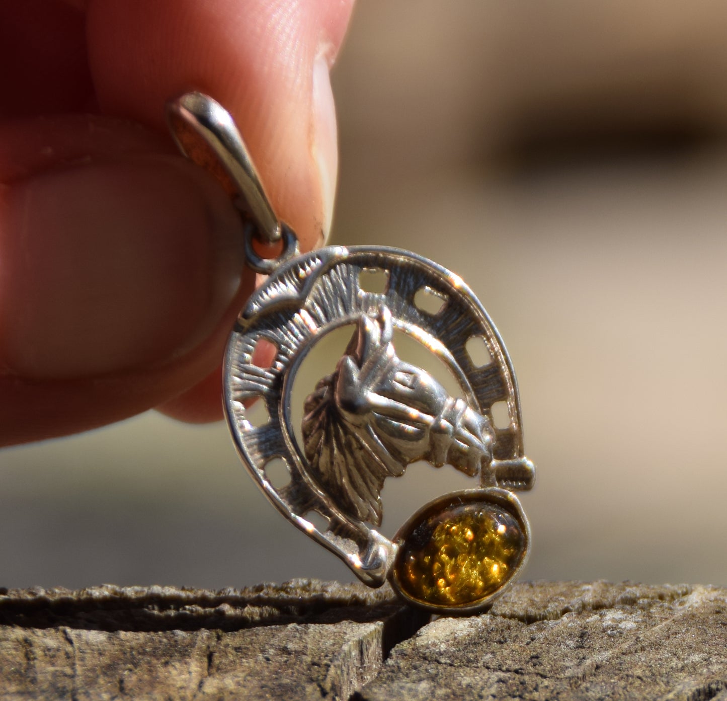 Lucky horseshoe pendant in natural green amber and 925 sterling silver, MJ Baltica, BW264