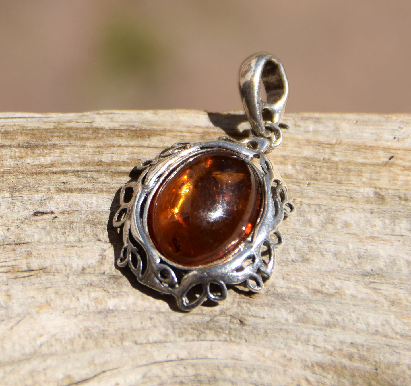 Elegant oval pendant with natural cognac amber and 925 Silver, MJ Baltica, BW268