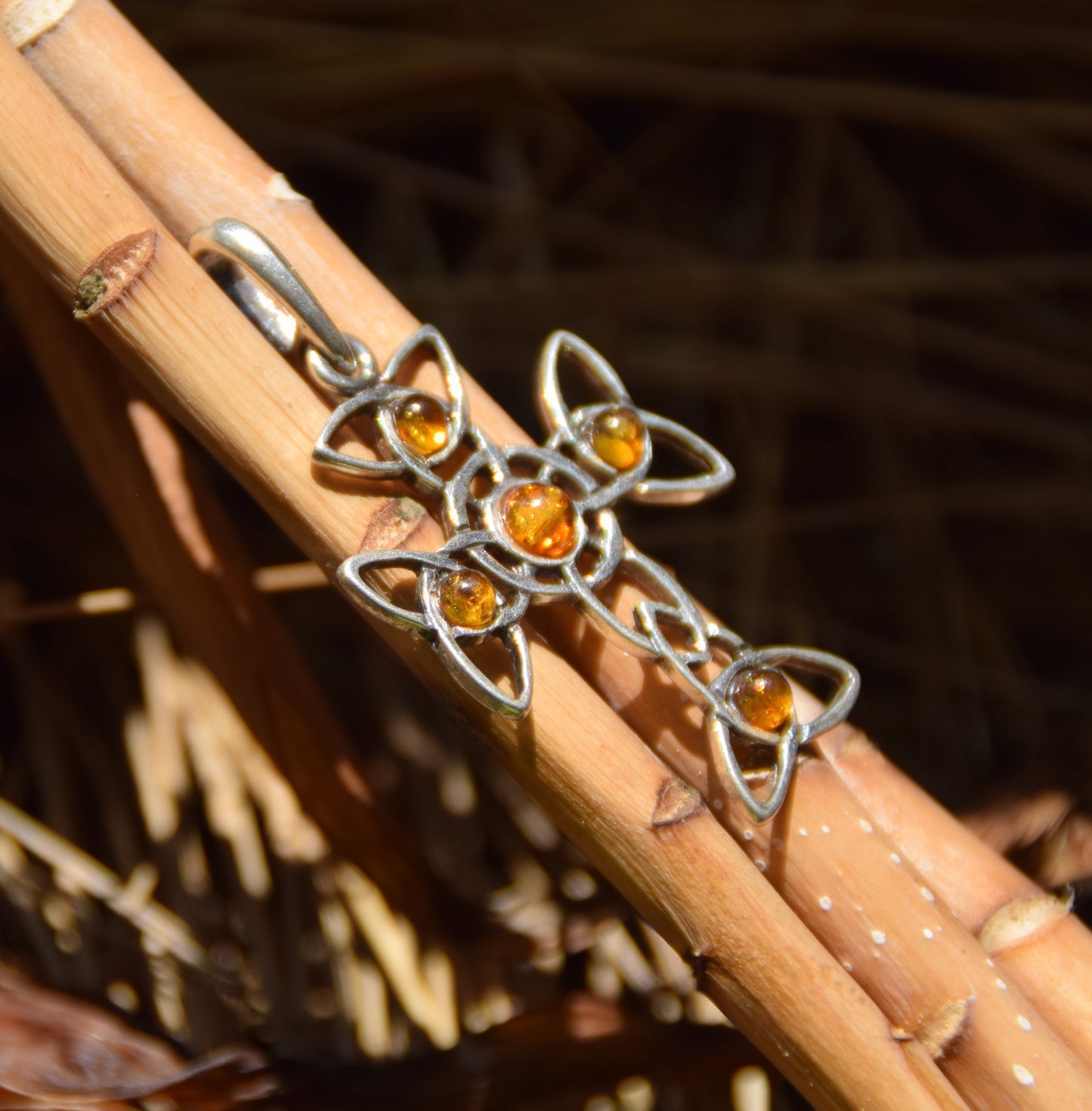 Cognac-colored Natural Amber and Sterling Silver 925 Celtic Cross Pendant, MJ Baltica, BW272