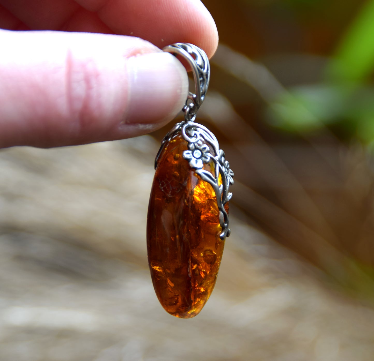 Large pendant with oval cognac natural amber and 925 Silver, MJ Baltica, BW276