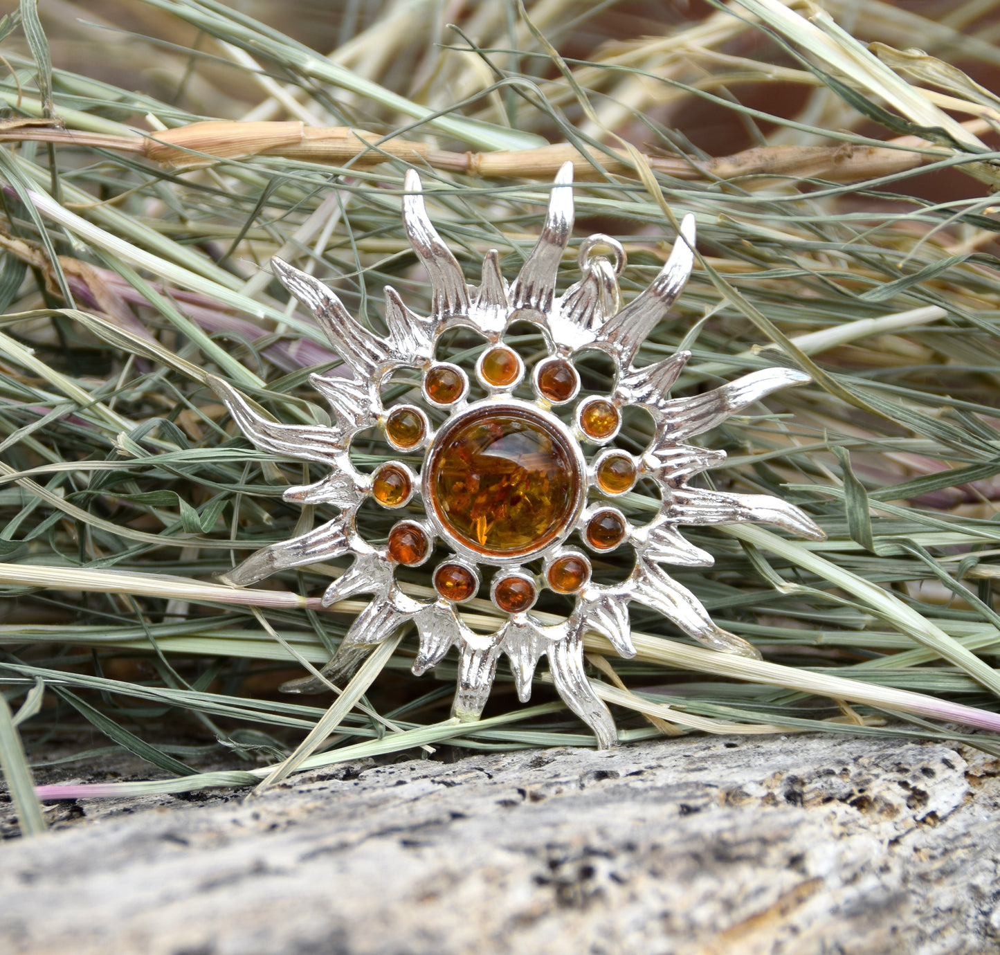 Mosaic pendant with a brilliant ray sun in natural Cognac Amber and Sterling Silver 925, MJ Baltica, BW280