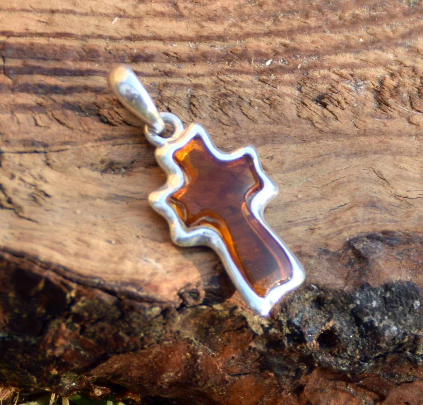 Cognac-colored natural Amber and 925 Sterling Silver carved cross pendant, MJ Baltica, BW298