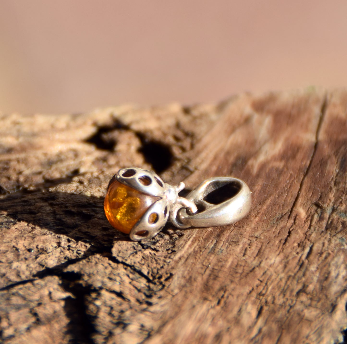 Delicate ladybug good luck charm pendant in natural cognac Amber and 925 Silver, MJ Baltica, BW312