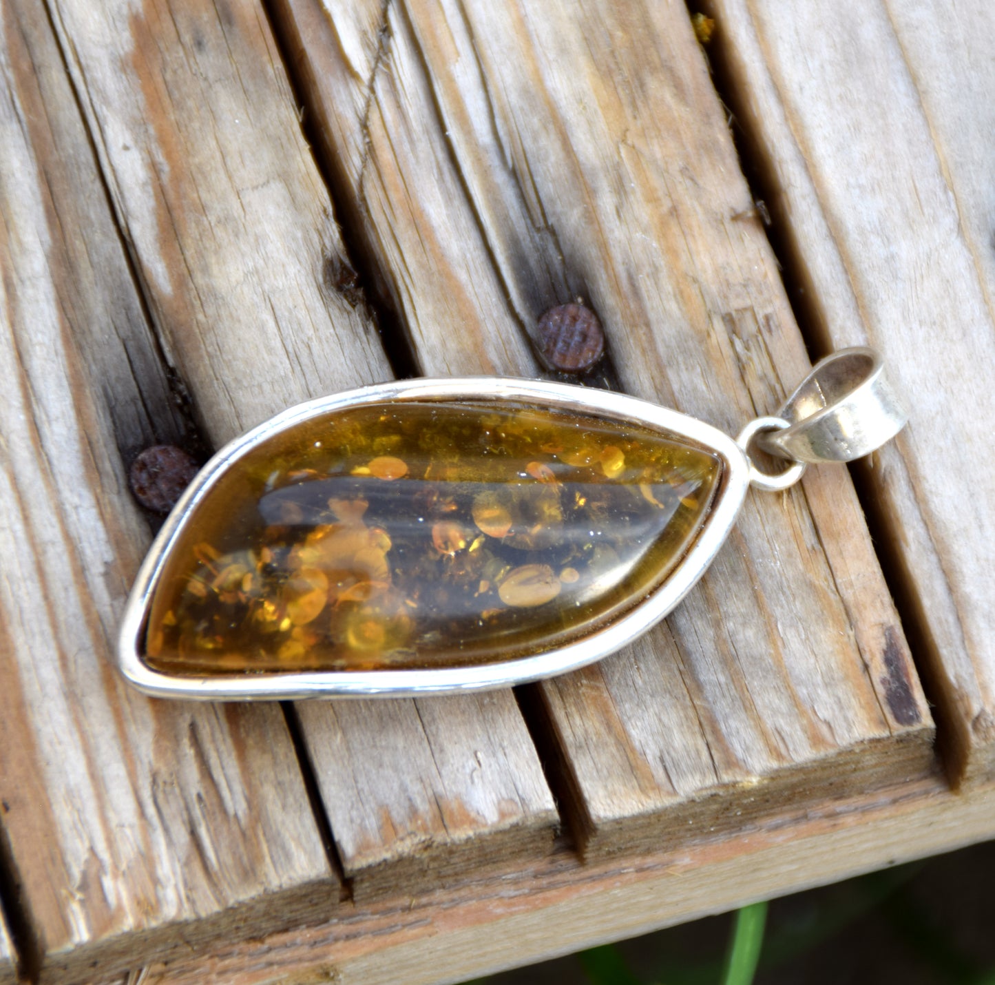 Large pendant with natural green amber and 925 silver, MJ Baltica, BW332