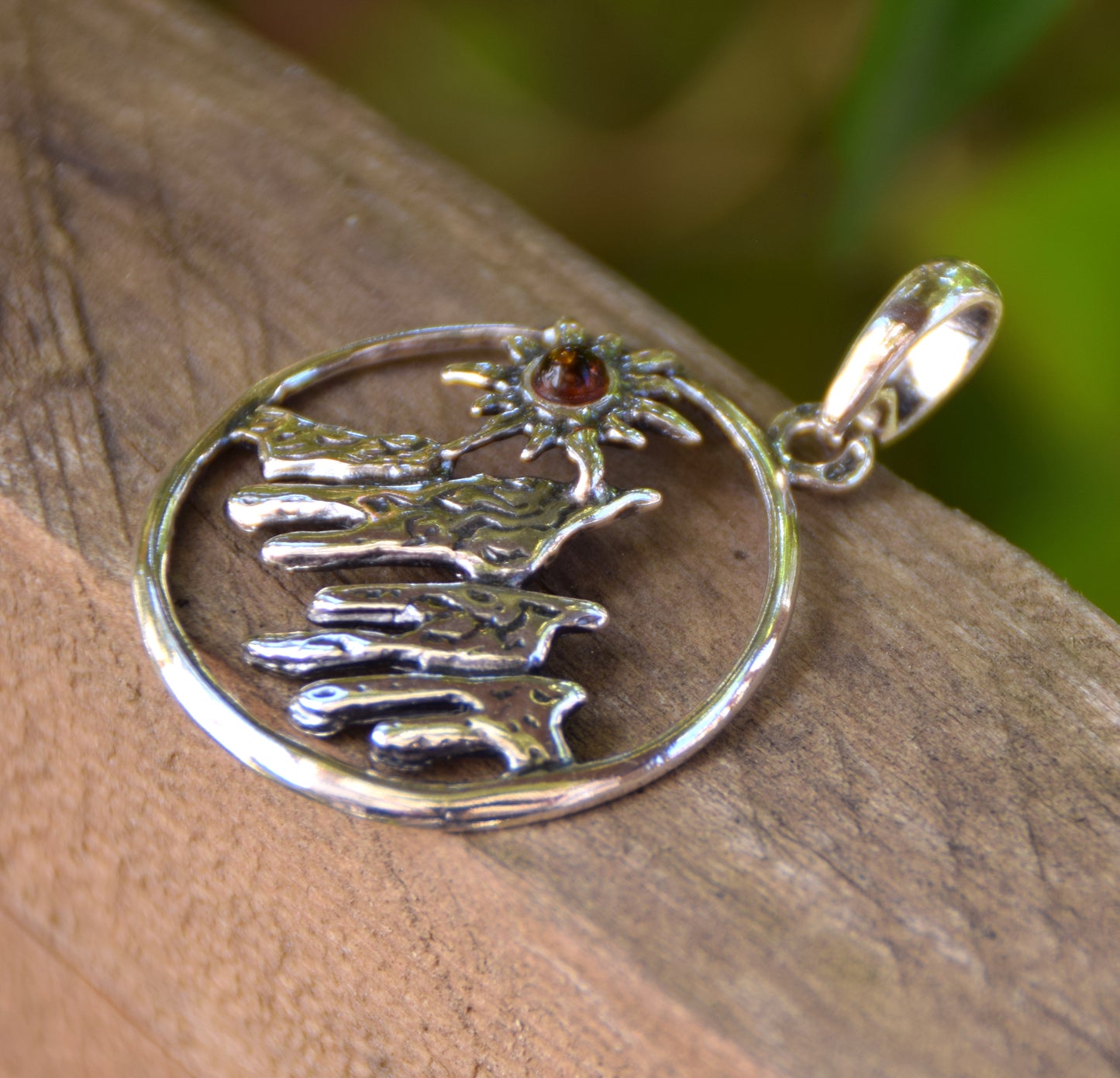 Cognac Amber and Sterling Silver Mountain Landscape Pendant, MJ Baltica, BW333
