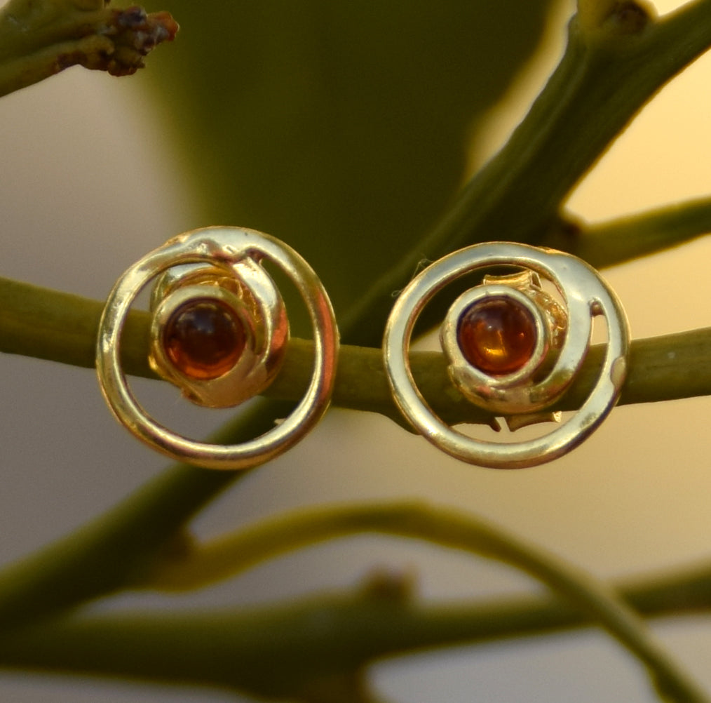 MJ Baltica, earrings, natural Baltic Amber, 925 Silver, 14k Gold plated, spiral, luminous, BZK025