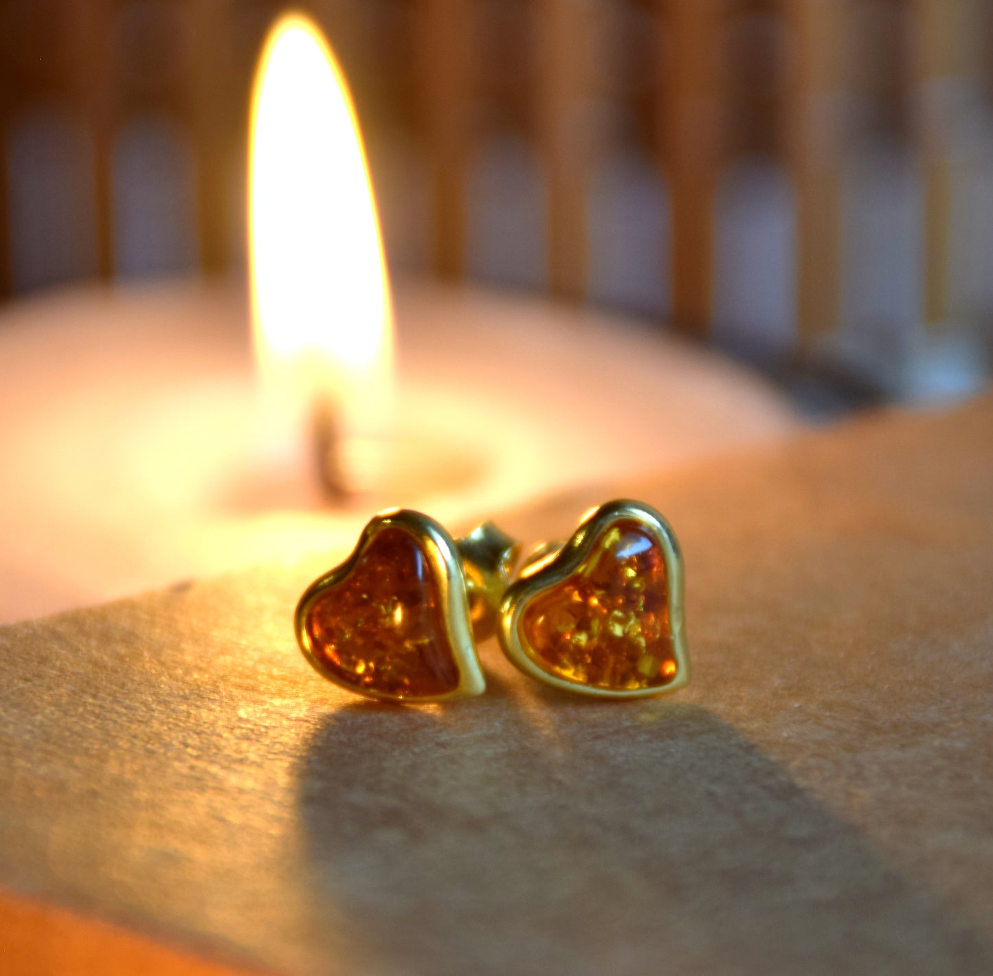 Romantic heart-shaped earrings with natural cognac amber and 18k gold-plated 925 Sterling Silver, MJ Baltica, BZK029