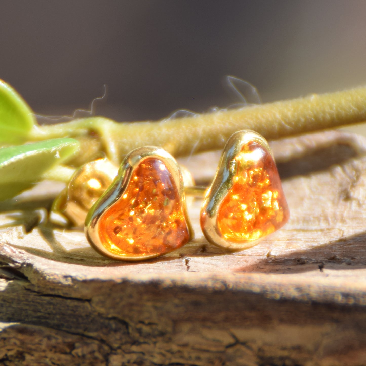 Romantic heart-shaped earrings with natural cognac amber and 18k gold-plated 925 Sterling Silver, MJ Baltica, BZK029