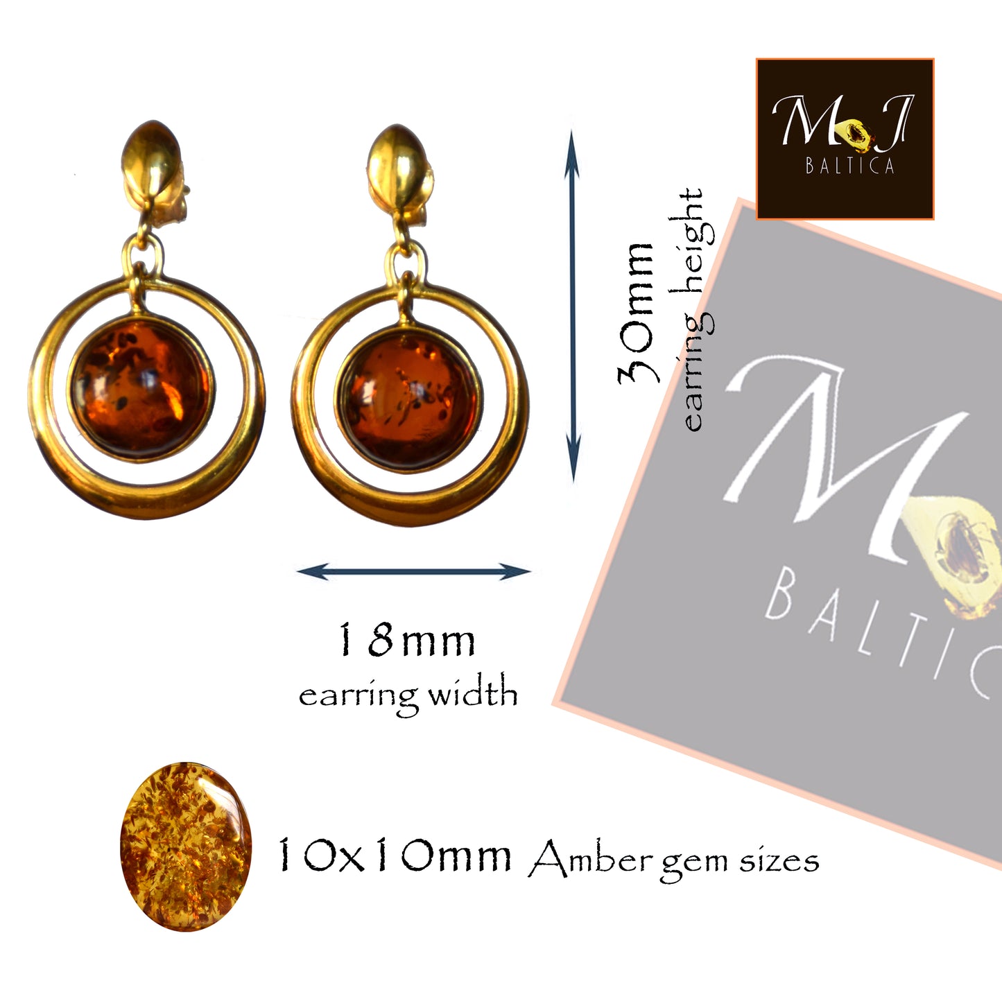 Grandi orecchini con gemma rotonda in Ambra naturale color cognac e Argento 925 placcato in Oro 18k, MJ Baltica, BZK063