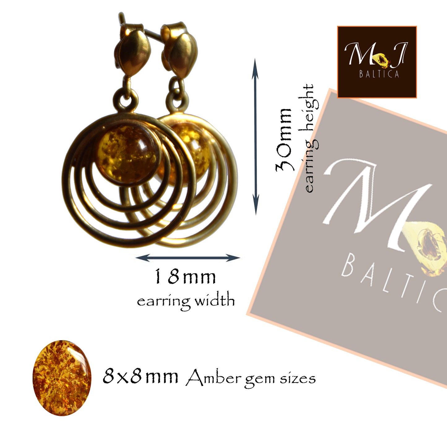 MJ Baltica, orecchini, Ambra naturale Baltica, Argento 925, placcato in Oro 18k, cerchio, ambra cognac, elegante, BZK092