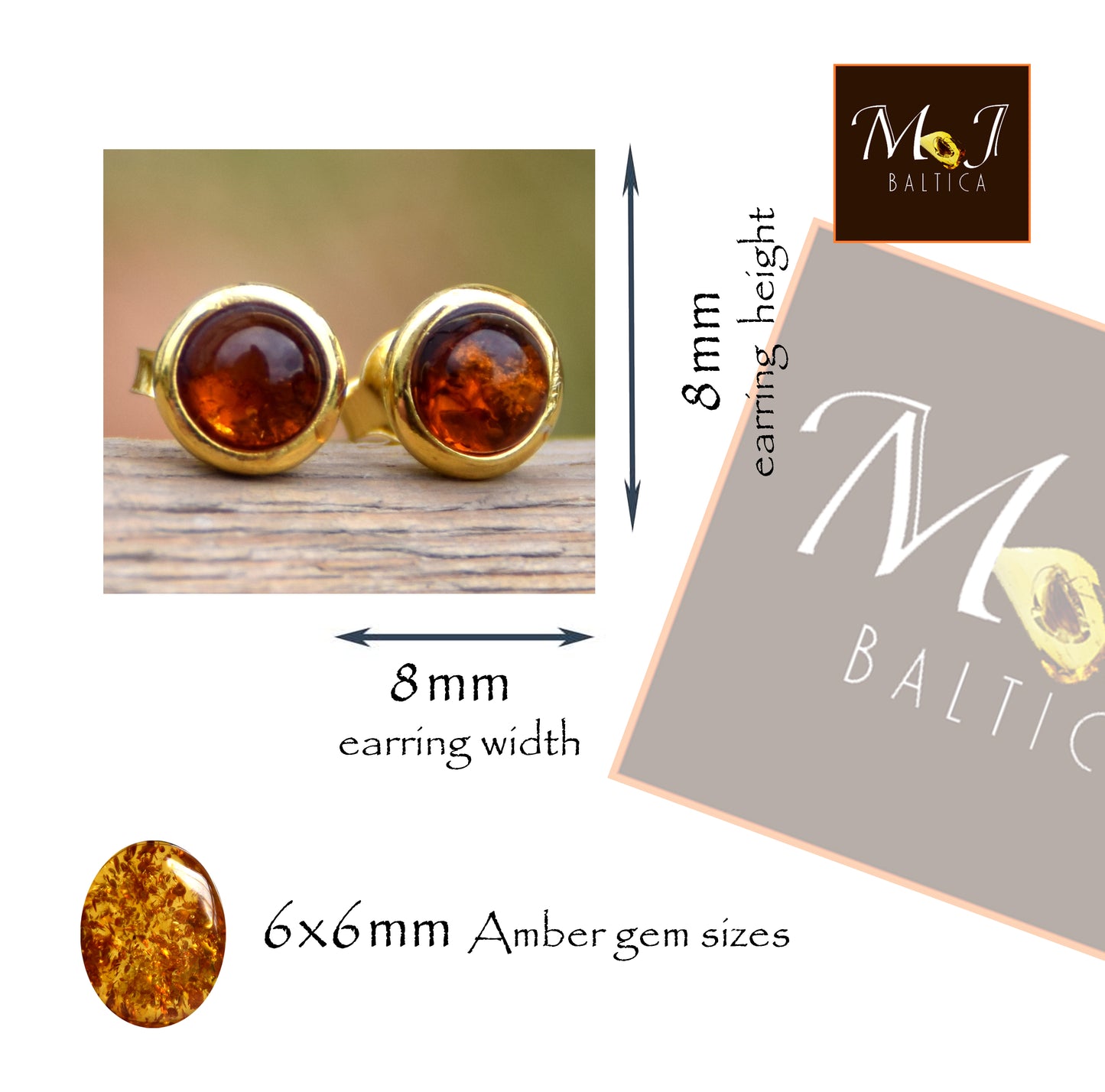 Runde Ohrringe mit cognacfarbenem Naturbernstein und 18 Karat vergoldetem 925er Sterlingsilber, MJ Baltica, BZK128