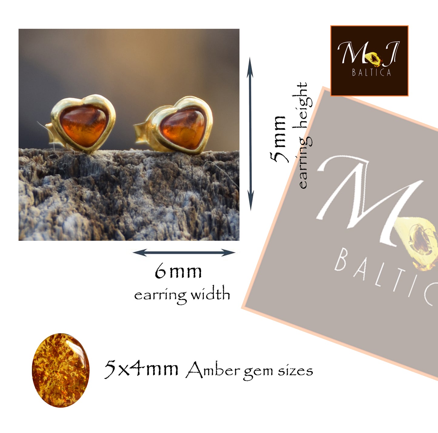 Romantici orecchini con il cuore creati in Ambra naturale color cognac e Argento 925 placcato in Oro 18 carati, MJ Baltica, BZK147