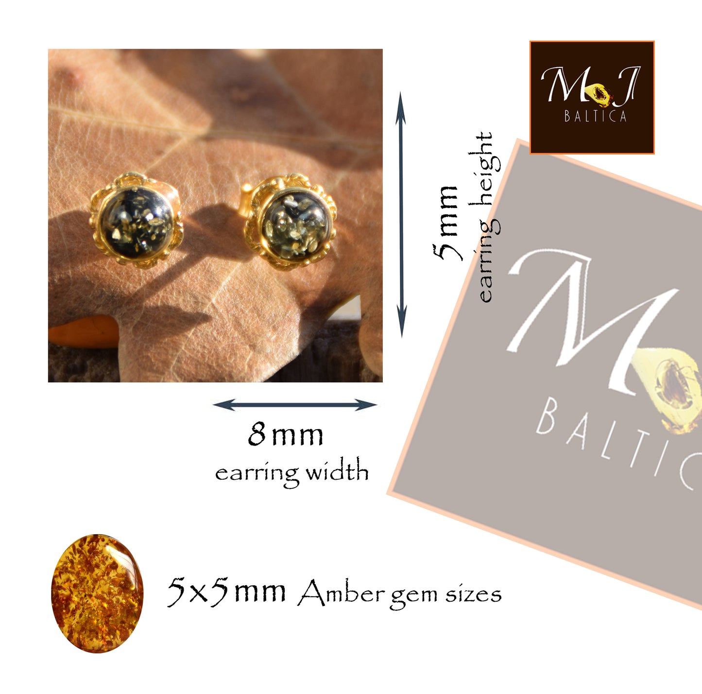 MJ Baltica, orecchini, Ambra naturale Baltica, Argento 925, placcato in Oro 18k, a lobo, ambra verde, BZK150