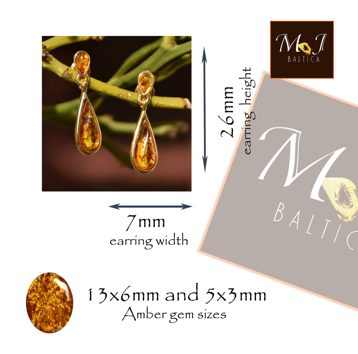 Delicati orecchini a goccia con Ambra naturale color cognac e Argento placcato in Oro 18 carati, MJ Baltica, BZK156