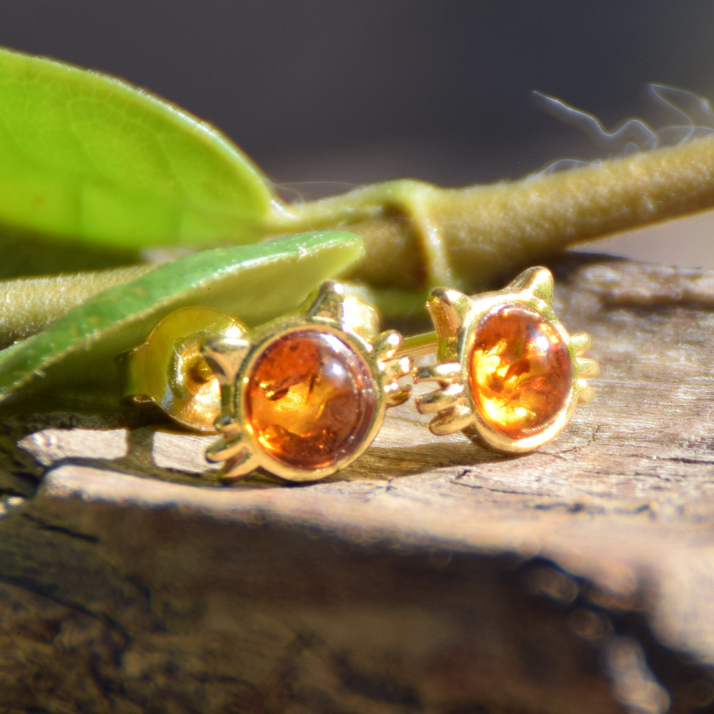 Kitten earrings with natural cognac Amber and 18k Gold plated 925 Sterling Silver, MJ Baltica, BZK186