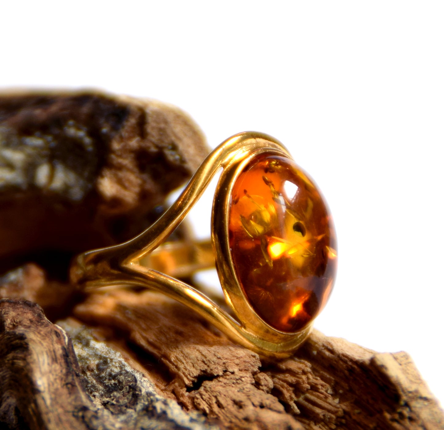 MJ Baltica, anello, Ambra naturale Baltica, Argento 925, placcato in Oro 18k, classico, luminoso, ovale BZP012