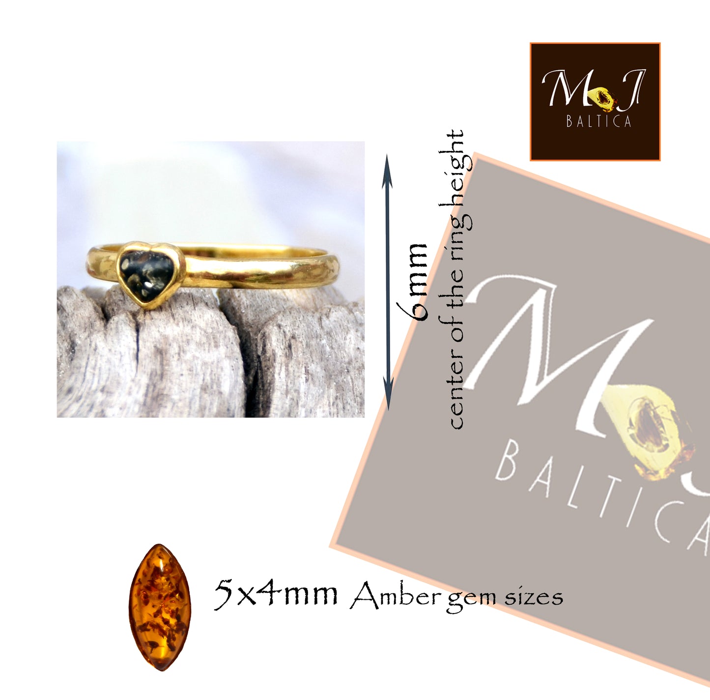 MJ Baltica, Anello, Ambra naturale Baltica, Argento placcato in Oro 18k, cuore, cuoricino, ambra verde, BZP048