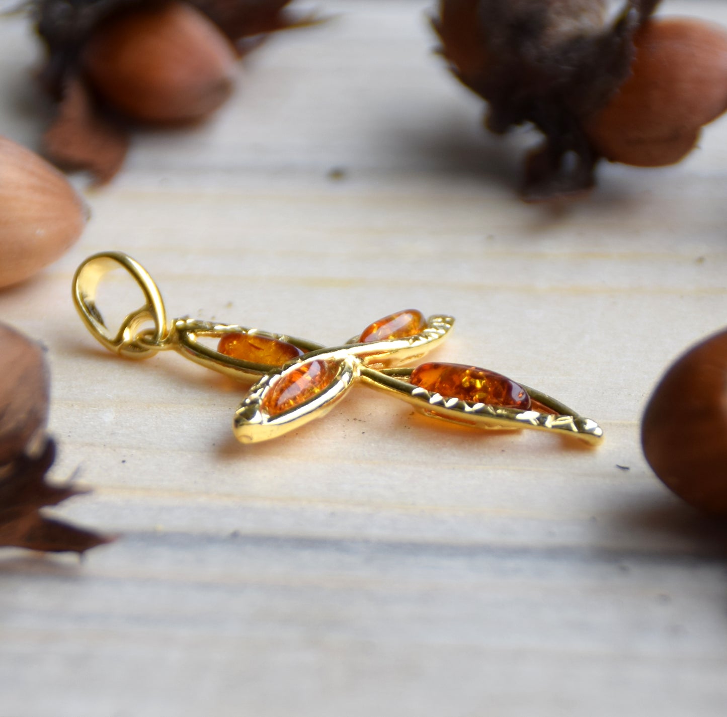 MJ Baltica, ciondolo, Ambra naturale Baltica, Argento 925, Placcato in Oro 18k, bellissimo, grande, croce, BZW141